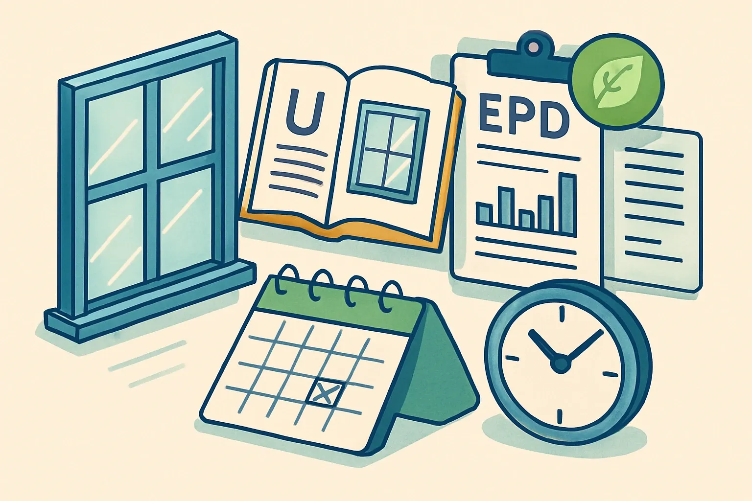 Generate an illustration for an article following this concept:

Windows EPDs in the U.S. Ultimate Guide
Planning a windows or fenestration EPD in 2026 should feel manageable, not mysterious. This guide packs the latest U.S. numbers, who is publishing, which program operators and PCRs dominate, and when renewals are coming due so your team can act with confidence in 2026.

Ensure that you use no text, as this illustration will be used on international translations of the article..

Use an illustrative style (e.g. isometic) and don't generate in a photorealistic style.
