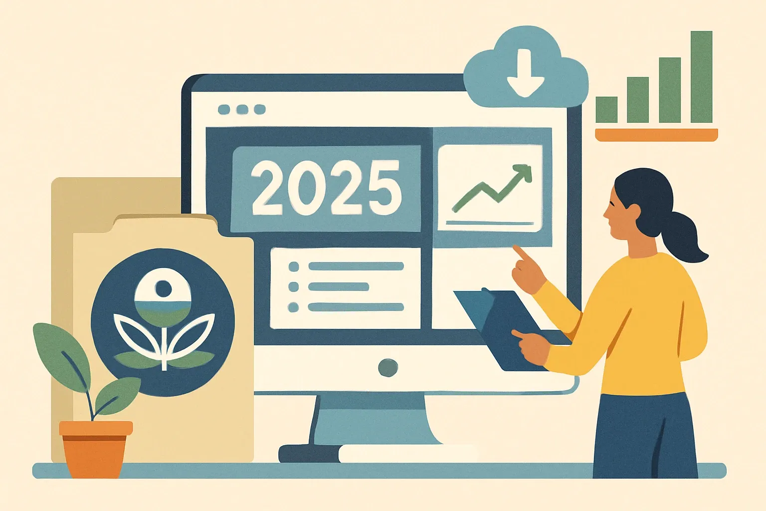 Generate an illustration for an article following this concept:

TRACI in 2025: the version your EPD should use
Short answer for 2025. The U.S. EPA’s current TRACI release is 2.2, with site‑generic characterization factors and site‑specific eutrophication factors introduced in 2021. The TRACI page shows a last update on December 12, 2025, so you’re looking at the latest info (EPA TRACI, 2025) ([EPA TRACI, 2025](https://www.epa.gov/chemical-research/tool-reduction-and-assessment-chemicals-and-other-environmental-impacts-traci)).

Ensure that you use no text, as this illustration will be used on international translations of the article..

Use an illustrative style (e.g. isometic) and don't generate in a photorealistic style.