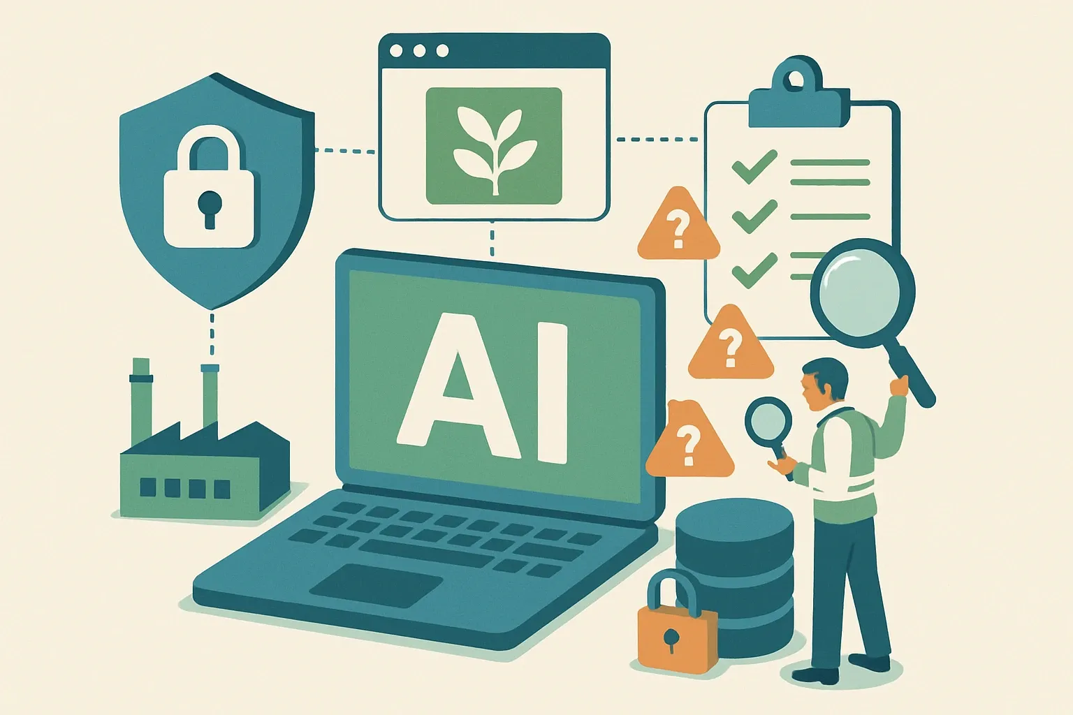 Generate an illustration for an article following this concept:

AI EPD platforms on privacy, governance, and accuracy
Worried that AI tools will spill trade secrets, scrape questionable web data, or hallucinate into a customer proposal. Fair. The right platform architecture separates sensitive plant data from research inputs, locks governance to your rules, and forces verification before anything reaches sales or specifiers. Here is how to evaluate that setup with confidence.

Ensure that you use no text, as this illustration will be used on international translations of the article..

Use an illustrative style (e.g. isometic) and don't generate in a photorealistic style.