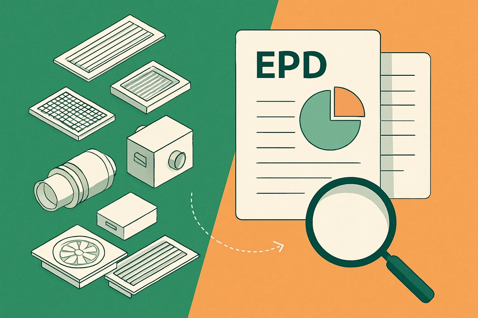 Generate an illustration for an article following this concept:

Titus HVAC: products and EPD coverage snapshot
Titus is a fixture in commercial air distribution. Architects and owners now ask for product‑specific transparency more often, including Environmental Product Declarations. Here is where Titus stands today, what they sell, and where EPDs could unlock more specs without slowing the sales cycle.

Ensure that you use no text, as this illustration will be used on international translations of the article..

Use an illustrative style (e.g. isometic) and don't generate in a photorealistic style.
