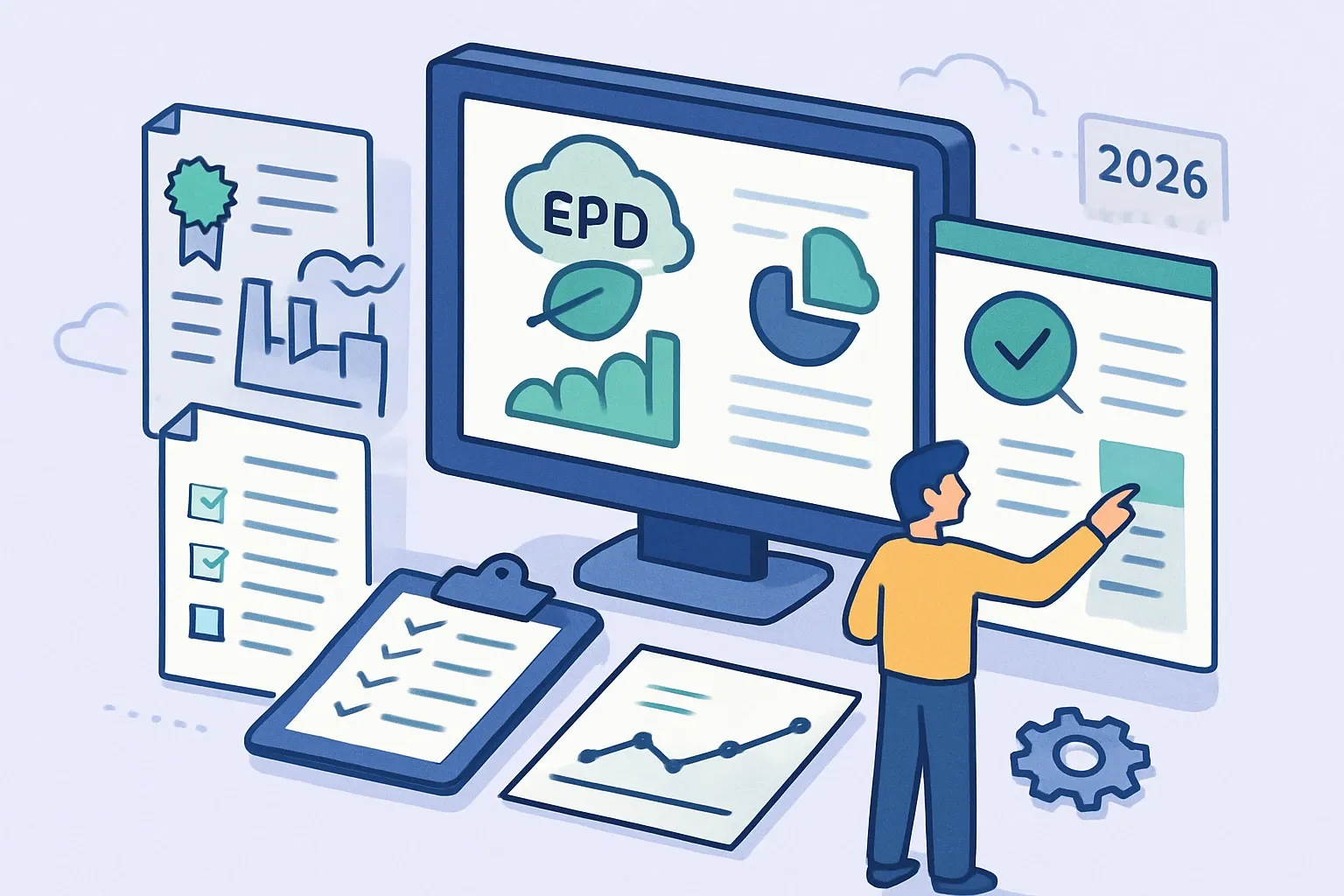 Generate an illustration for an article following this concept:

Best EPD Management Solutions for 2026
EPDs win specs and keep bids moving. The hard part is managing plant data, LCAs, verification, publication, and renewals without pulling your best people off their real jobs. This guide shows how to pick an EPD management solution that delivers speed and reliability in 2026, not spreadsheet sprawl. We compare operating models, call out bottlenecks, and give you the short list of must‑haves that keep sales from stalling when a project asks for proof.

Ensure that you use no text, as this illustration will be used on international translations of the article..

Use an illustrative style (e.g. isometic) and don't generate in a photorealistic style.