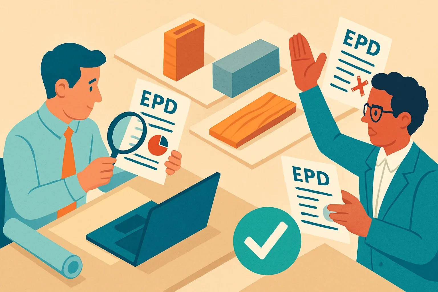 Generate an illustration for an article following this concept:

How Specifiers Use EPDs to Choose Materials
When an EPD lands in a submittal, architects and engineers give it a brisk, surgical read. If the numbers are clear, current, and comparable, the product stays in the running. If not, it gets sidelined and price alone will not save it.

Ensure that you use no text, as this illustration will be used on international translations of the article..

Use an illustrative style (e.g. isometic) and don't generate in a photorealistic style.
