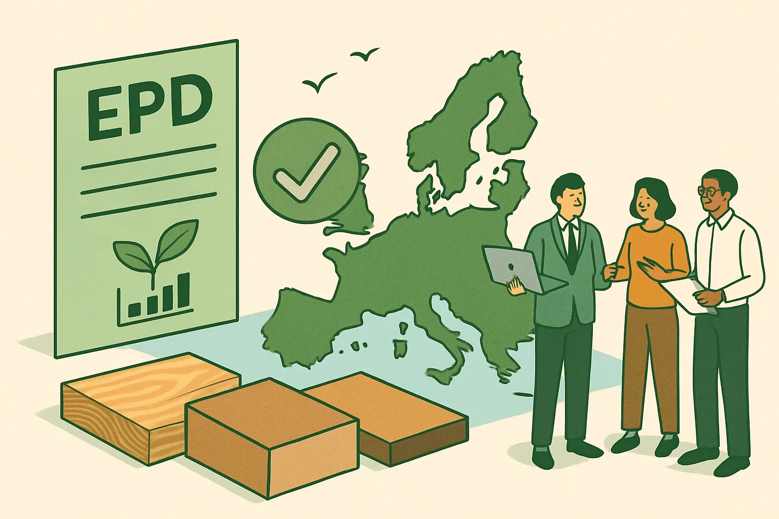 Generate an illustration for an article following this concept:

EPDs for Non-Structural Wood in Europe: The Ultimate Guide
Planning an Environmental Product Declaration for decorative panels, MDF, particleboard, HPL-faced boards, or interior cladding in Europe? Here is the complete 2026 landscape in one place, so product, sustainability and sales teams can move fast with confidence.

Ensure that you use no text, as this illustration will be used on international translations of the article..

Use an illustrative style (e.g. isometic) and don't generate in a photorealistic style.