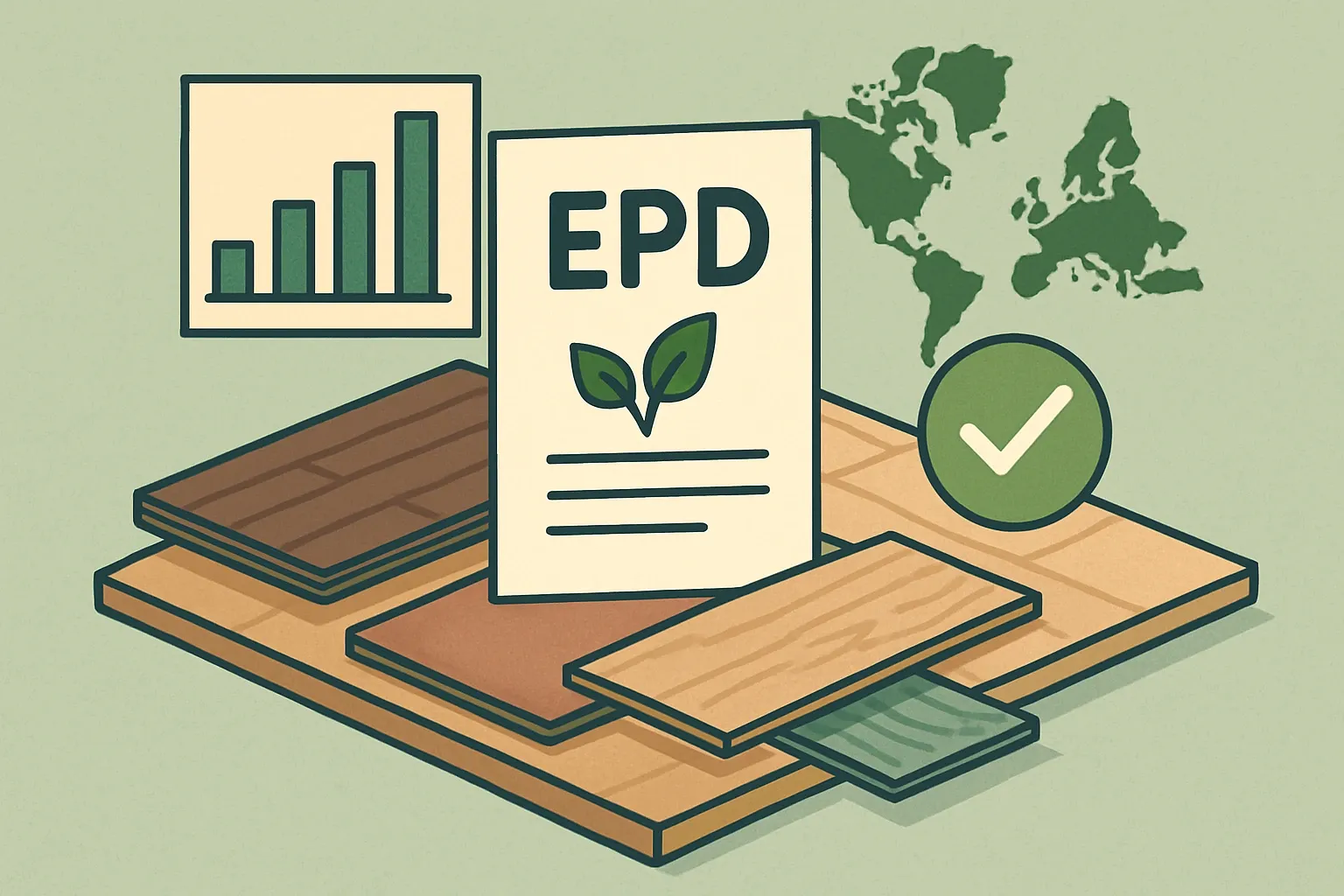 Generate an illustration for an article following this concept:

Industry‑wide EPDs for vinyl flooring (LVT, PVC)
Short answer: yes, sector‑average EPDs for vinyl flooring exist. In North America, they cover LVT gluedown, LVT looselay, and rigid‑core formats like SPC and WPC. Europe now has association EPDs for certain vinyl sub‑categories, too. Read on to see where to find them, why they’re useful, and why a product‑specific EPD still wins more specs.

Ensure that you use no text, as this illustration will be used on international translations of the article..

Use an illustrative style (e.g. isometic) and don't generate in a photorealistic style.