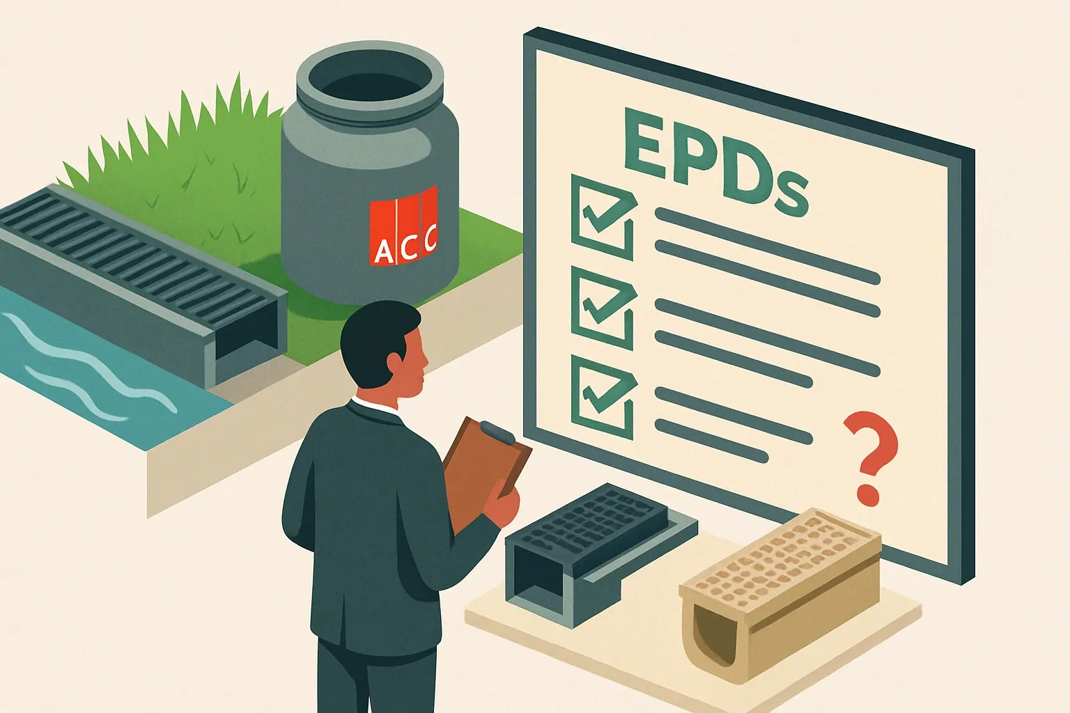 Generate an illustration for an article following this concept:

ACO Environmental: products and EPD coverage
ACO Environmental sits inside the global ACO water‑tech family, best known for trench drains and separators. If you sell into projects that now screen for transparency, the big question is simple. Which of their product lines carry Environmental Product Declarations, and where are the gaps that can cost specs?

Ensure that you use no text, as this illustration will be used on international translations of the article..

Use an illustrative style (e.g. isometic) and don't generate in a photorealistic style.