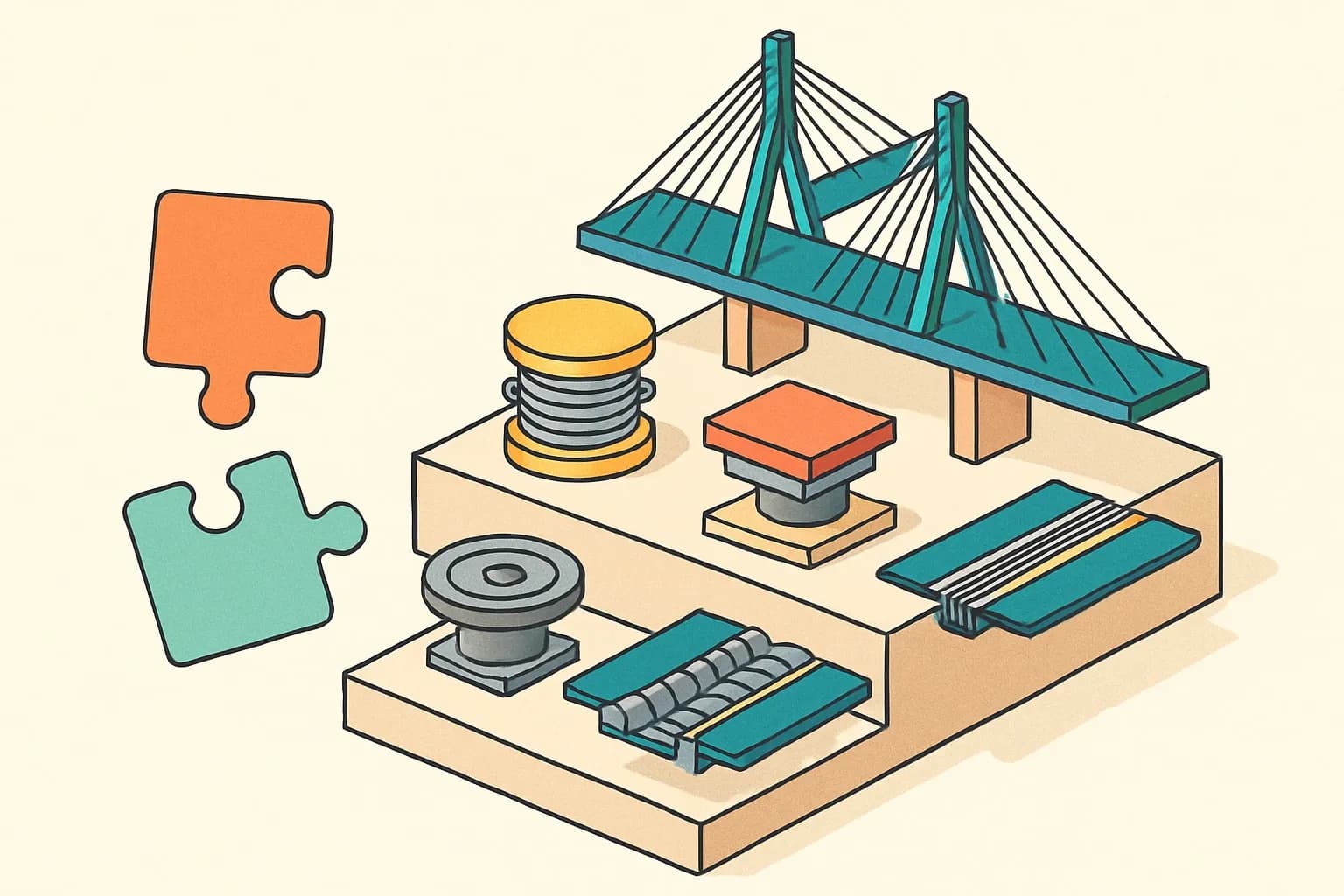 Generate an illustration for an article following this concept:

Tensa S.r.l.: product lineup and EPD gaps
Tensa S.r.l. (tensa.it) builds the hardware that holds big infrastructure together. Think stay cables, post‑tensioning, structural bearings, seismic devices, and expansion joints. If you sell into bridges, rail and complex buildings, this is a familiar name. The question specifiers ask today is simpler: how EPD‑ready is that catalog, and where are the quick wins to get there.

Ensure that you use no text, as this illustration will be used on international translations of the article..

Use an illustrative style (e.g. isometic) and don't generate in a photorealistic style.