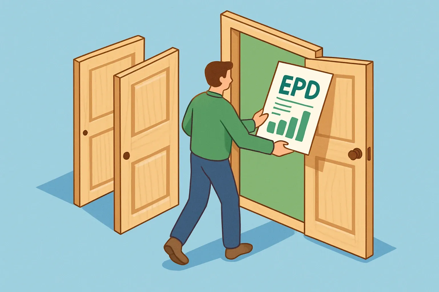 Generate an illustration for an article following this concept:

Congrats, Puustamo: first EPDs open the door
Puustamo just stepped into the transparency arena. In November 2025 the Finnish door maker published its first Environmental Product Declarations, giving specifiers plug‑and‑play numbers for core interior and exterior pine doors. This is the quiet kind of milestone that shortens submittals, removes conservative penalties in whole‑building LCA tools, and makes selection easier when projects prefer product‑specific EPDs under LEED v5.

Ensure that you use no text, as this illustration will be used on international translations of the article..

Use an illustrative style (e.g. isometic) and don't generate in a photorealistic style.