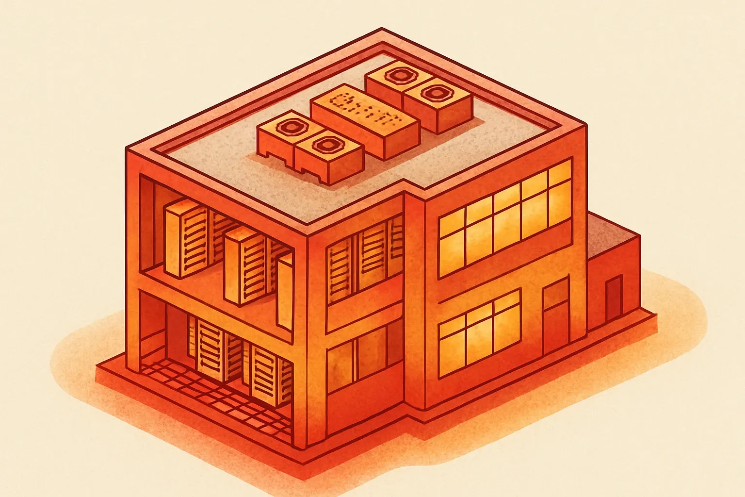 A stylized schematic of a data center showing where materials like concrete, rebar, structural steel, glass, and insulation sit, with intensity shading to suggest embodied carbon hotspots.