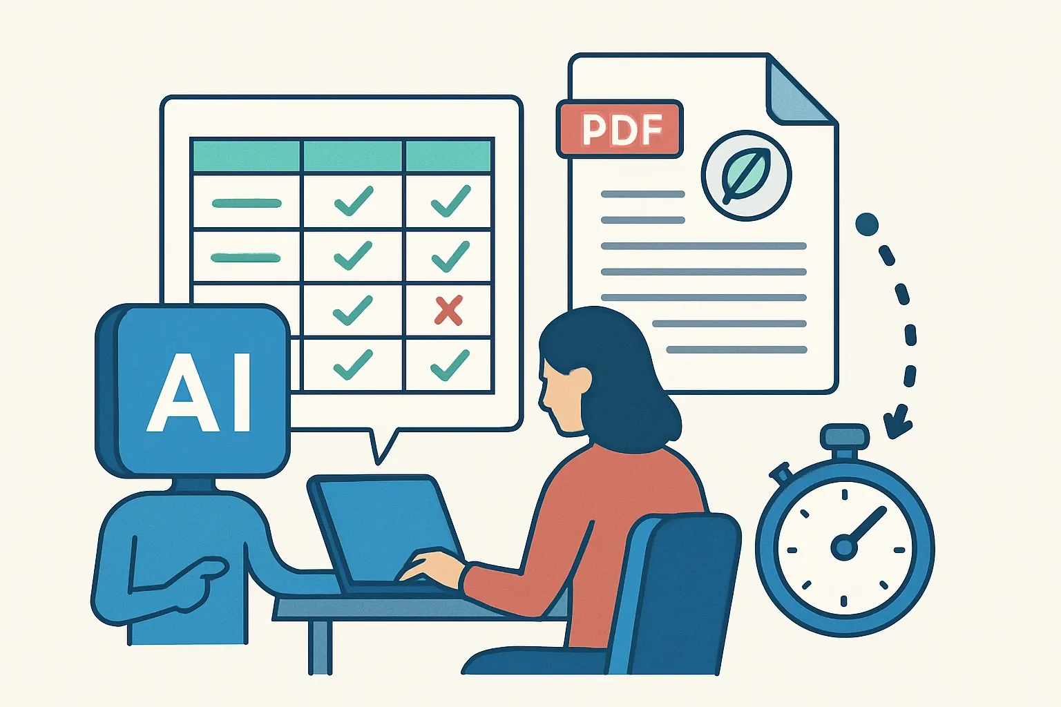 Generate an illustration for an article following this concept:

AI for RFQs and Competitor Comparisons
RFQs arrive as spreadsheets and PDFs that hide landmines. Line items use different units, products have variant names, and environmental claims sit in separate EPD PDFs. Teams burn days chasing clarifications while the bid clock ticks. An AI that understands products, EPDs, and how buyers score risk can turn this chaos into fast, defensible answers that get you shortlisted more often.

Ensure that you use no text, as this illustration will be used on international translations of the article..

Use an illustrative style (e.g. isometic) and don't generate in a photorealistic style.