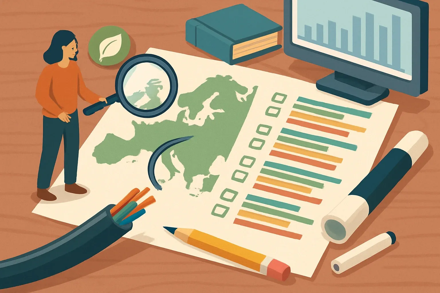 Generate an illustration for an article following this concept:

EPDs for Power Cables in Europe: the ultimate data guide
It is 2026, and power-cable, electrical-wire, and conduit makers across Europe are being asked for clear, comparable EPDs at bid time. Below is the full landscape by program operator, PCR, manufacturer, and renewal timing so you can decide where to play and how to win, fast.

Ensure that you use no text, as this illustration will be used on international translations of the article..

Use an illustrative style (e.g. isometic) and don't generate in a photorealistic style.