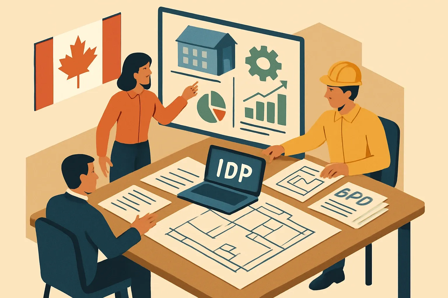 Generate an illustration for an article following this concept:

IDP for PSPC and RPB, explained for manufacturers
Federal projects in Canada run on a tight Integrated Design Process. If your product shows up late without an EPD or the right LCA inputs, you miss the room where design decisions actually stick. Here’s how PSPC and its Real Property Branch use IDP, what numbers matter, and how to plug in so your materials get specified more often with less friction.

Ensure that you use no text, as this illustration will be used on international translations of the article..

Use an illustrative style (e.g. isometic) and don't generate in a photorealistic style.
