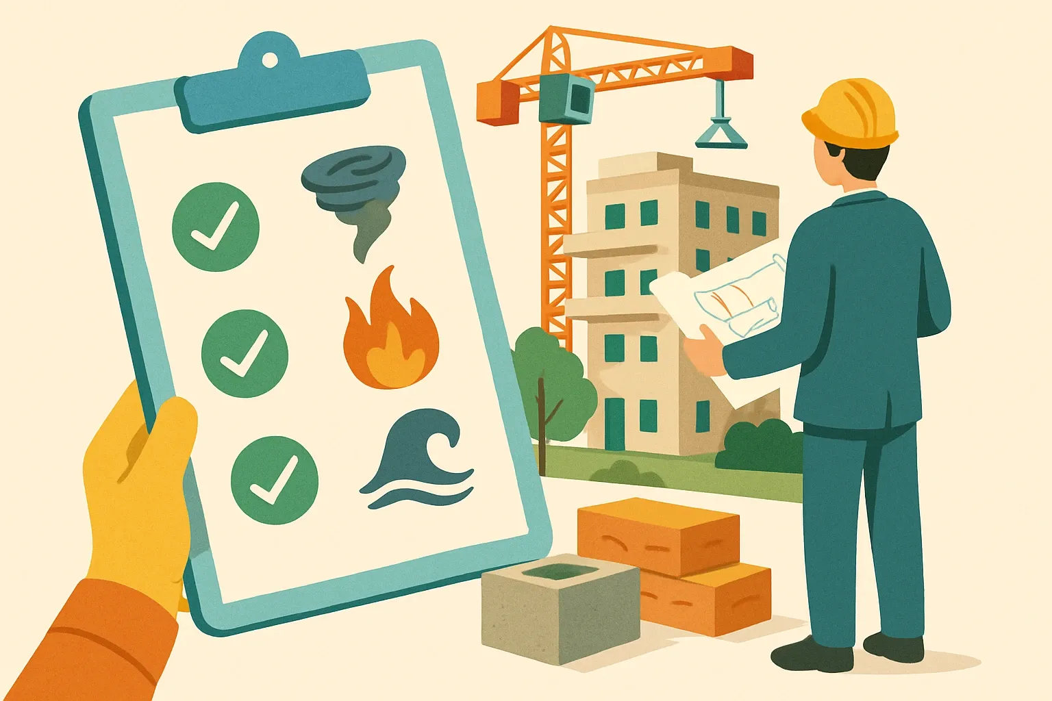 Generate an illustration for an article following this concept:

Resilience Becomes a Materials Issue in LEED v5
LEED v5 pulls resilience into day‑one planning and everyday procurement. For exterior and site‑facing manufacturers, that means specs and submittals must speak to hazards as clearly as they speak to carbon. Starting July 1, 2026, new BD+C, ID+C, and O+M registrations will use v5, while already‑registered v4/v4.1 projects can continue on their own timeline (USGBC certification deadlines show v4/v4.1 registration closes 6/30/2026, with certification sunset 6/30/2032) ([USGBC Deadlines, 2026](https://www.usgbc.org/tools/leed-certification/deadlines/)). The commercial impact is simple: products that prove hazard‑aware performance, durability, and circularity will move up the list in design meetings and bid rooms.

Ensure that you use no text, as this illustration will be used on international translations of the article..

Use an illustrative style (e.g. isometic) and don't generate in a photorealistic style.