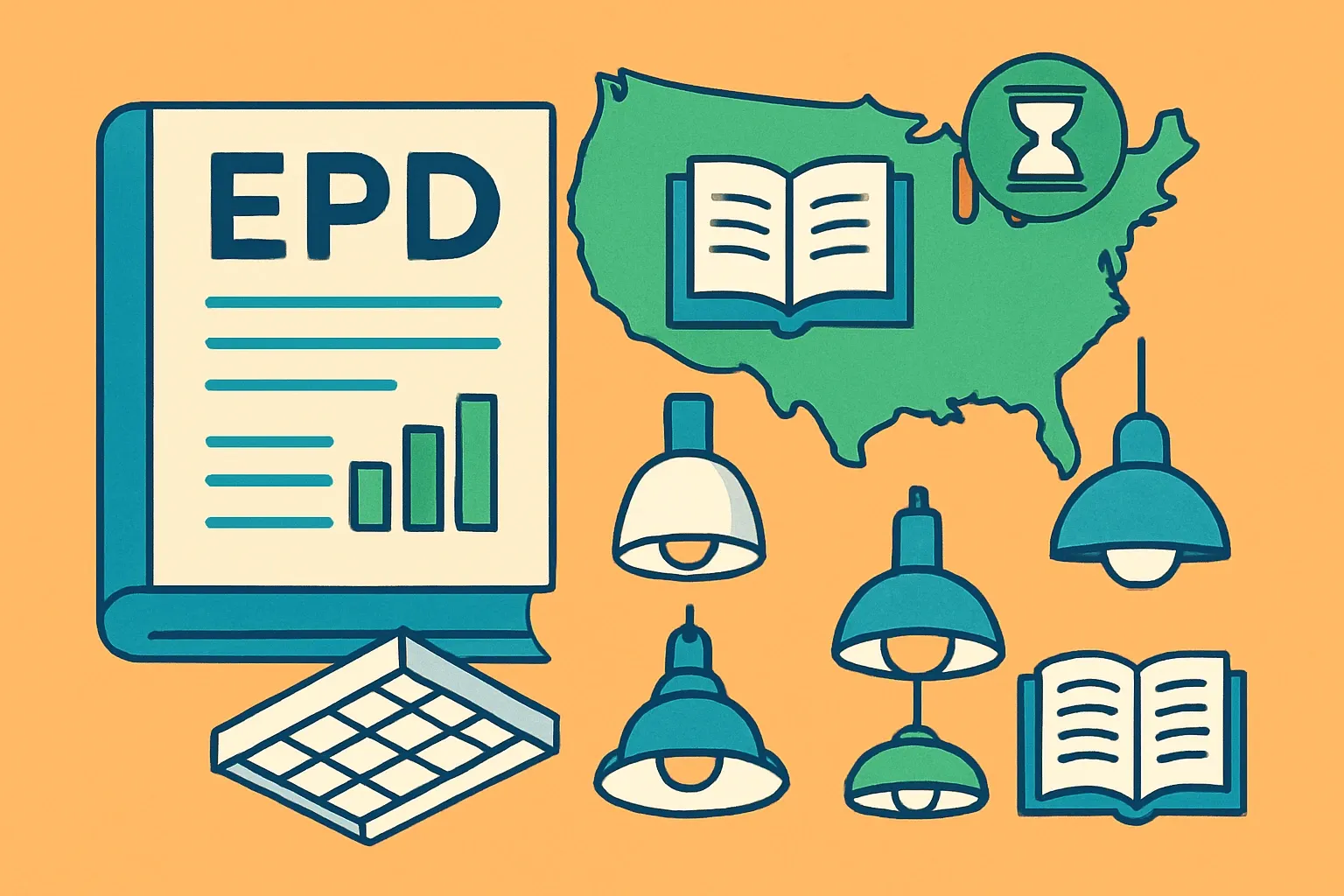 Generate an illustration for an article following this concept:

EPDs for Lighting Fixtures in the United States
If you make luminaires, troffers, downlights, light fittings, or other lighting fixtures for the U.S. market, this 2026 guide shows who is publishing EPDs, which rulebooks they use, and where renewals are coming due. It is a fast, practical read for product, engineering, and spec teams who want data, not fluff.

Ensure that you use no text, as this illustration will be used on international translations of the article..

Use an illustrative style (e.g. isometic) and don't generate in a photorealistic style.