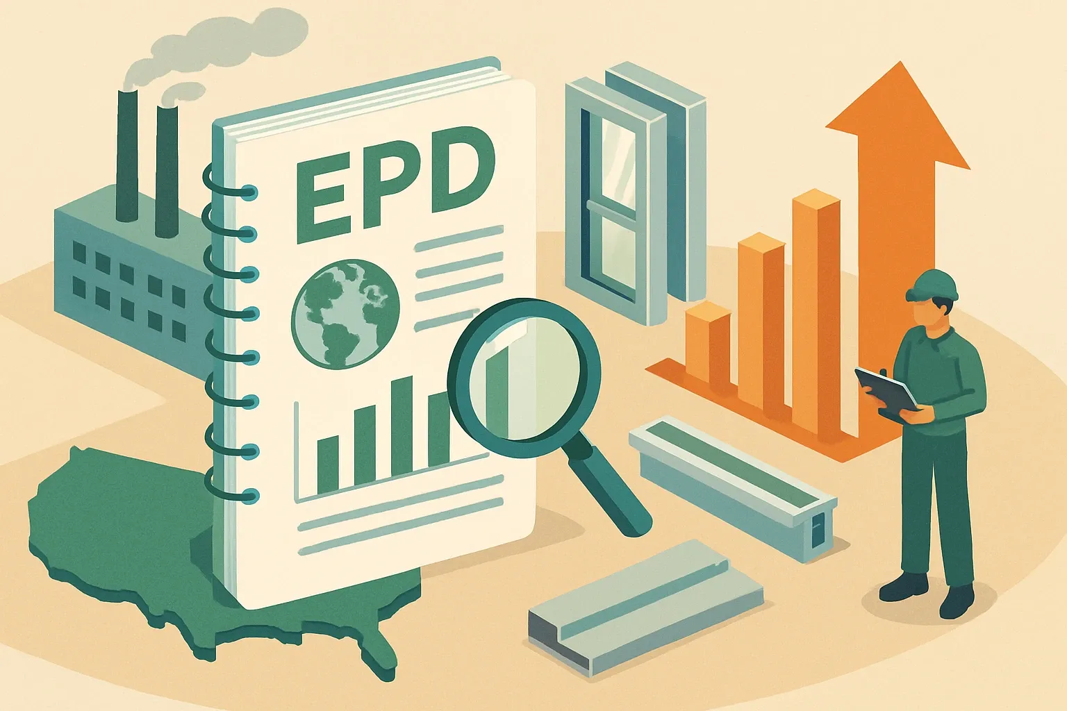 Generate an illustration for an article following this concept:

EPDs for Aluminum in the United States: The Data Guide
If you make aluminum products for buildings, 2026 is a pivotal year to get your Environmental Product Declarations right in the United States. The market is small but active, renewal windows are coming fast, and specifiers keep raising the bar. This guide shows the numbers, the players, and the smartest next steps.

Ensure that you use no text, as this illustration will be used on international translations of the article..

Use an illustrative style (e.g. isometic) and don't generate in a photorealistic style.