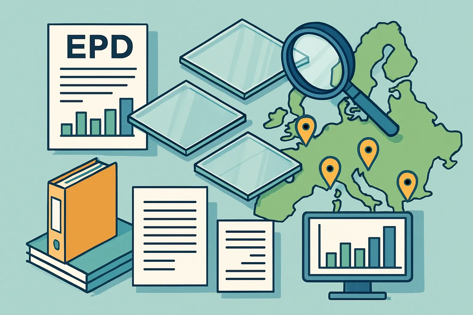 Generate an illustration for an article following this concept:

EPDs for Processed Glass Panes in Europe: Data Guide
Planning an Environmental Product Declaration for processed non‑insulating glass panes in Europe? This 2026 deep dive distills who is publishing, which program operators and PCRs they use, and when expiries cluster. We cover flat glass terms manufacturers actually search for too, like monolithic glass, tempered or laminated panes, and single glazing.

Ensure that you use no text, as this illustration will be used on international translations of the article..

Use an illustrative style (e.g. isometic) and don't generate in a photorealistic style.