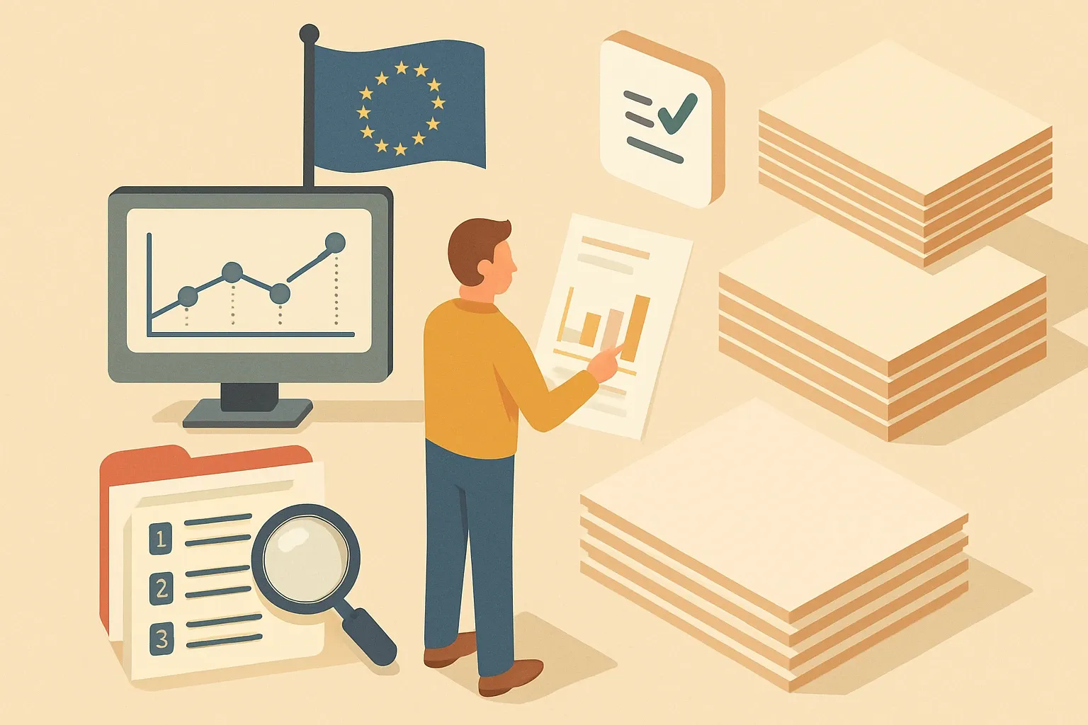 Generate an illustration for an article following this concept:

Gypsum Board EPDs in Europe: The Data Guide
Planning an Environmental Product Declaration for gypsum board, plasterboard, drywall, or wallboard in Europe? Here is the definitive snapshot for 2026, built from the public EPD registry most specifiers consult. Use it to benchmark your portfolio, choose the right program operator and PCR, and time renewals with zero drama.

Ensure that you use no text, as this illustration will be used on international translations of the article..

Use an illustrative style (e.g. isometic) and don't generate in a photorealistic style.