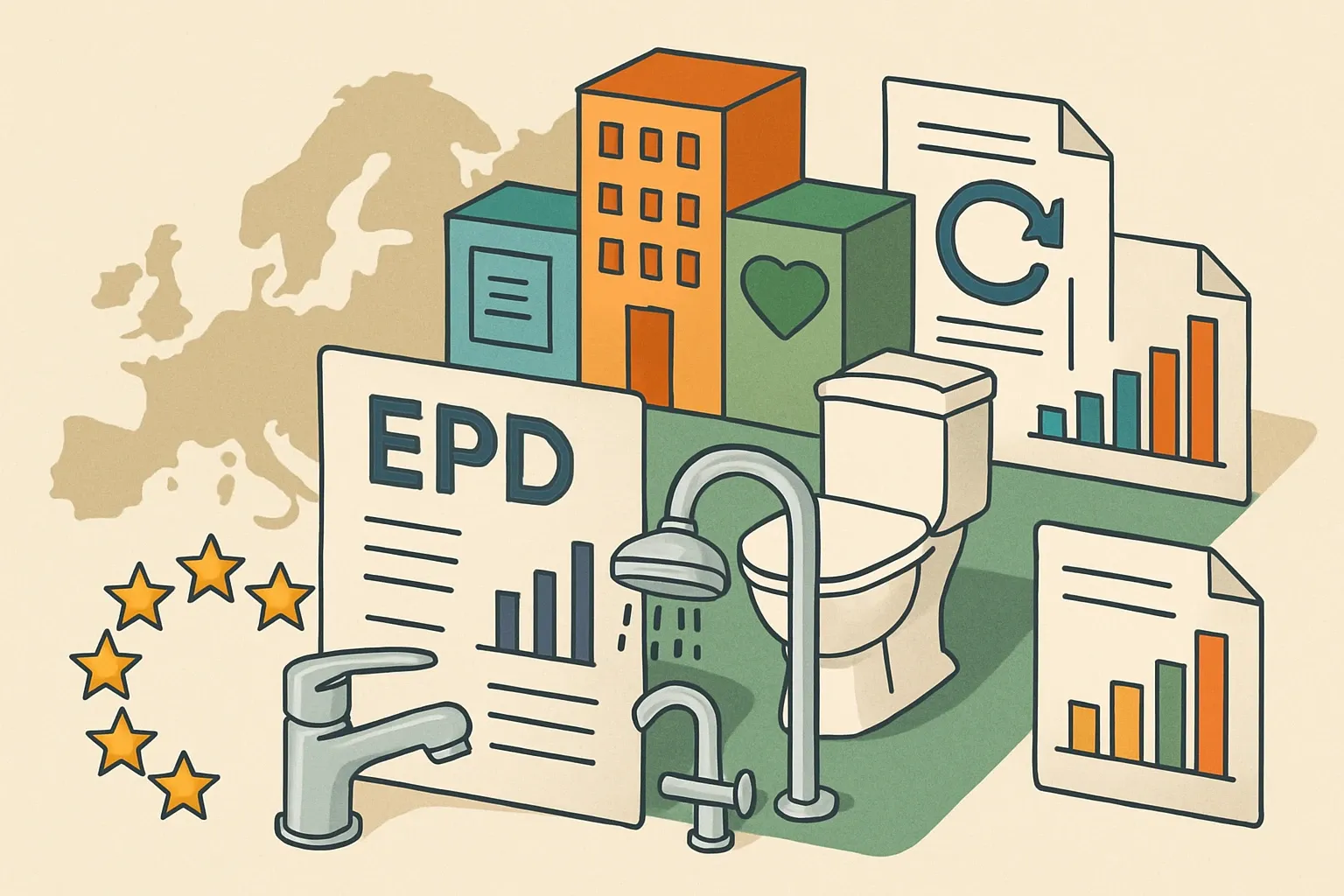 Generate an illustration for an article following this concept:

Plumbing Fixture EPDs in Europe: The Data‑Based Guide
Making or selling faucets, tapware, showers or sanitaryware in Europe and planning an EPD in 2026? Here is the complete, numbers‑first read on who is publishing, which program operators dominate, the PCRs being used, and when renewals will hit so you can time budgets and launches with zero surprises.

Ensure that you use no text, as this illustration will be used on international translations of the article..

Use an illustrative style (e.g. isometic) and don't generate in a photorealistic style.