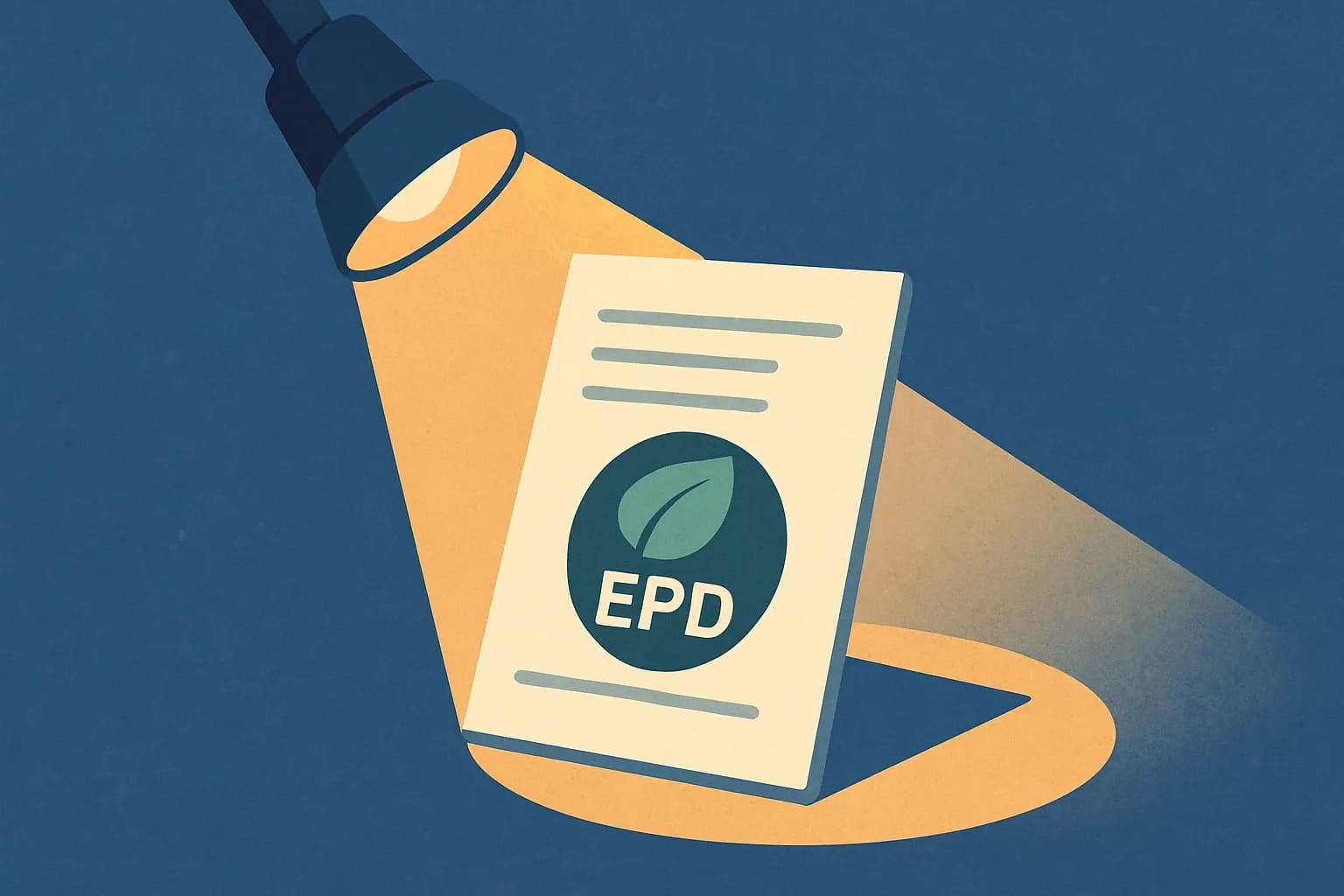 A spotlight shines on a spec sheet that shows an EPD icon, highlighting documentation importance.