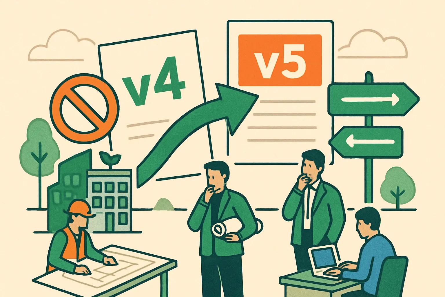 Generate an illustration for an article following this concept:

LEED v5 “mandatory” after July 1, 2026, explained
From July 1, 2026, new commercial LEED registrations move to v5, but thousands of active v4 and v4.1 projects keep running on their original tracks. That gap is where product messaging often goes sideways. This piece clarifies what changes and what does not, so manufacturers, architects, and specifiers avoid mixed signals, quote accurately, and keep submittals clean. The payoff is fewer frantic “which version?” emails, smoother bid cycles, and better alignment between sales, marketing, sustainability, and operations.

Ensure that you use no text, as this illustration will be used on international translations of the article..

Use an illustrative style (e.g. isometic) and don't generate in a photorealistic style.