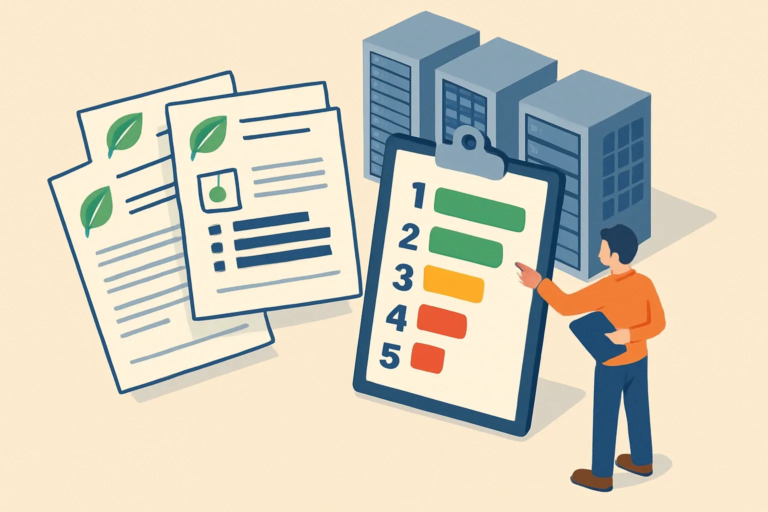 Generate an illustration for an article following this concept:

How Data Center Buyers Rank EPD Ready Products
Specs for data centers and enterprise campuses are changing fast. Technical fit still rules, but buyers now screen for credible, comparable environmental paperwork before they even read your cut sheets. If your product lacks the right EPD coverage, or the numbers do not line up with the standard the project is using, the bid can fade without a phone call. Here is how specifiers actually stack competing offers and where EPDs change your position on the page.

Ensure that you use no text, as this illustration will be used on international translations of the article..

Use an illustrative style (e.g. isometic) and don't generate in a photorealistic style.