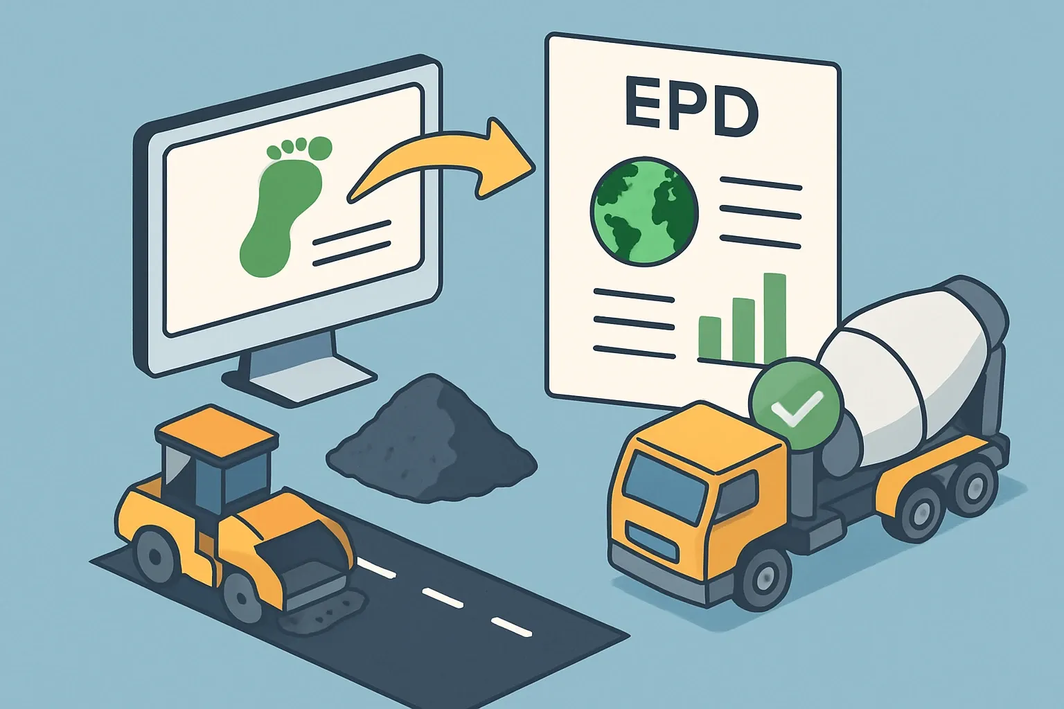 Generate an illustration for an article following this concept:

How to Create an EPD for Your Product
Specs are increasingly asking for verified carbon numbers, not marketing copy. California transportation projects now require EPD submittals for hot mix asphalt and concrete on bids opened February 1, 2025 (Caltrans, 2025). Colorado state projects require EPDs for eligible materials in design solicitations beginning January 1, 2024 and track A4 transport for shipments over 100 miles (State of Colorado OSA, 2024). Publish once, then win repeatedly as teams can document lower embodied carbon without penalty.

Ensure that you use no text, as this illustration will be used on international translations of the article..

Use an illustrative style (e.g. isometic) and don't generate in a photorealistic style.