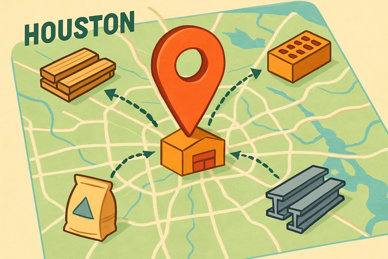 A simple map of Houston with a bright pin marking the warehouse location, surrounded by icons of building materials moving toward it.
