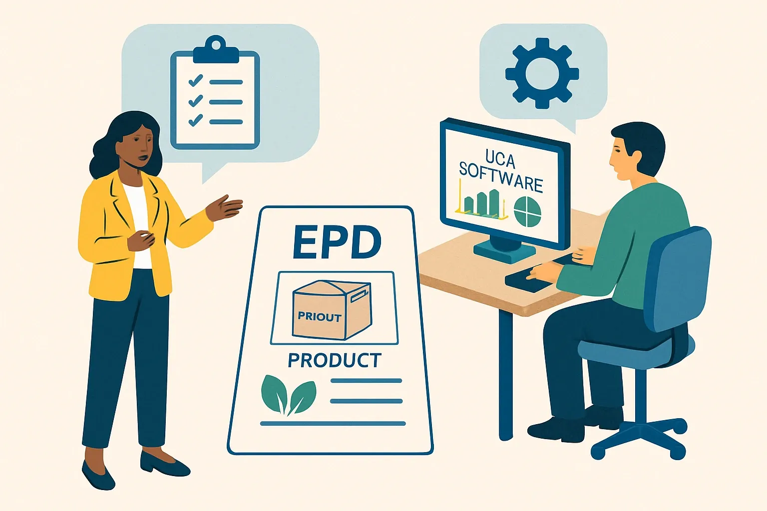 Generate an illustration for an article following this concept:

EPD consultant vs LCA software
You want product‑specific EPDs on the books without derailing operations. Should the team buy software, hire a consultant, or combine both. The wrong call slows specs and stalls launches. The right call turns sustainability paperwork into sales momentum.

Ensure that you use no text, as this illustration will be used on international translations of the article..

Use an illustrative style (e.g. isometic) and don't generate in a photorealistic style.