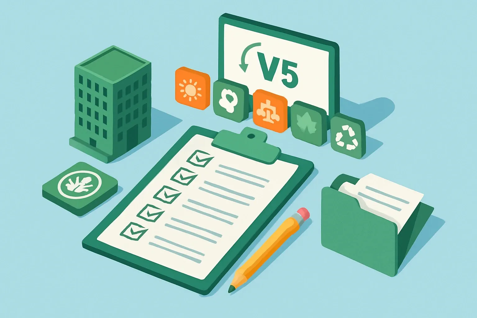 Generate an illustration for an article following this concept:

LEED v5 manufacturer transition checklist
LEED v5 takes center stage for new commercial BD+C, ID+C, and O+M registrations on July 1, 2026, while already registered v4 or v4.1 projects carry on under their own timelines (USGBC, 2026). The conversation shifts from siloed credits to a unified Building Product Selection & Procurement framework that weights multiple attributes across climate, health, equity, ecosystems, and circularity (USGBC, 2025). This checklist focuses on operational readiness so manufacturers can refresh pages, documents, and sales enablement quickly, without overclaiming or wasting cycles on the wrong SKUs.

Ensure that you use no text, as this illustration will be used on international translations of the article..

Use an illustrative style (e.g. isometic) and don't generate in a photorealistic style.