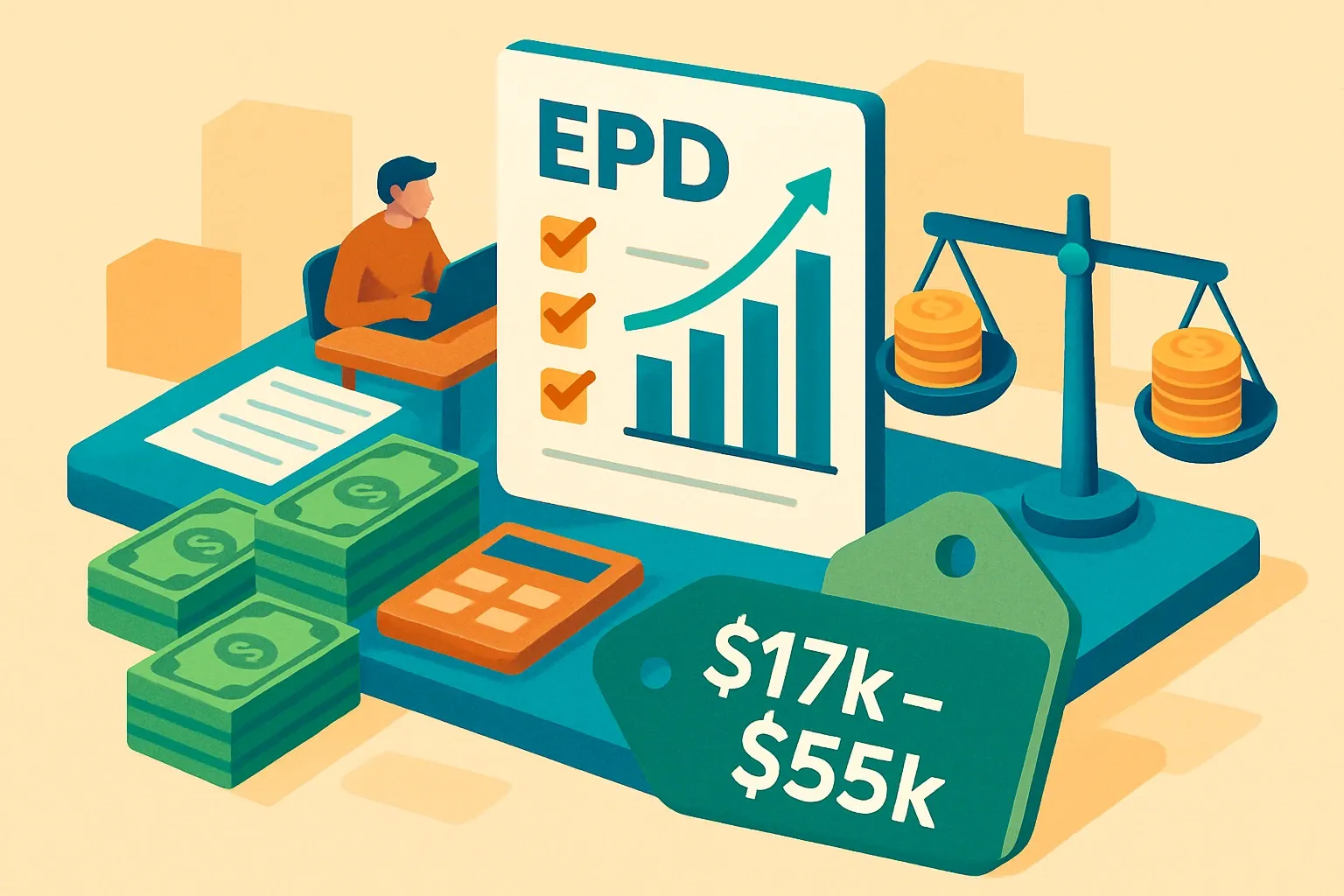 Generate an illustration for an article following this concept:

EPD Cost in 2026: Expect About $17k to $55k
If an EPD is on your roadmap, budget a realistic five‑figure number per product. The lift depends on how tidy your data is and how many facilities and formulations are in play. The payback shows up in bids that stay on your spec instead of slipping to a competitor without one.

Ensure that you use no text, as this illustration will be used on international translations of the article..

Use an illustrative style (e.g. isometic) and don't generate in a photorealistic style.