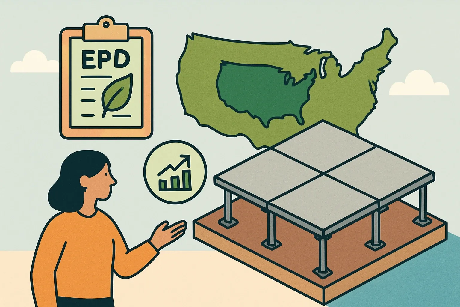 Generate an illustration for an article following this concept:

EPDs for Access Flooring in the United States
Planning an access floor EPD in 2026 and want a clear read on the U.S. landscape? Here is the full picture for raised access flooring, raised floors, and access floor systems, distilled for product and spec teams deciding where to invest time and how to compete.

Ensure that you use no text, as this illustration will be used on international translations of the article..

Use an illustrative style (e.g. isometic) and don't generate in a photorealistic style.