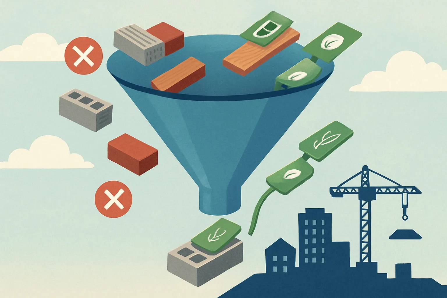 A funnel graphic where unverified products spill out the sides while EPD-tagged products move smoothly through to a construction site silhouette.