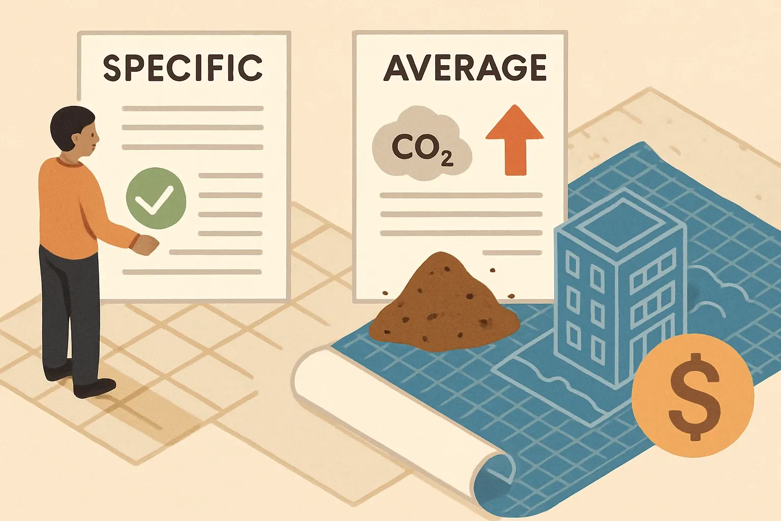 Generate an illustration for an article following this concept:

Resilient flooring EPDs: why sector averages cost you
If a resilient flooring line runs cleaner than the market norm, an industry‑average EPD can paint it as dirtier than it is. That is a problem on projects with hard caps on embodied carbon, like Denmark’s per square meter limits that ratchet down over time. In those bids, a high generic number squeezes the whole building budget, so your product gets swapped out before price even enters the chat.

Ensure that you use no text, as this illustration will be used on international translations of the article..

Use an illustrative style (e.g. isometic) and don't generate in a photorealistic style.