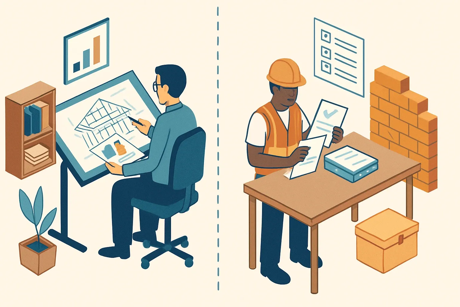 Generate an illustration for an article following this concept:

Aim EPDs at architects, win specs with contractors
On most projects, design teams use EPDs to shape choices while contractors just need clean submittals that pass. Treat that as two audiences and two moments in time. Build stories and tools that speak to architects before the spec is written, then make the contractors paperwork effortless after award. Thats how lifecycle data becomes a moat, not a PDF graveyard.

Ensure that you use no text, as this illustration will be used on international translations of the article..

Use an illustrative style (e.g. isometic) and don't generate in a photorealistic style.