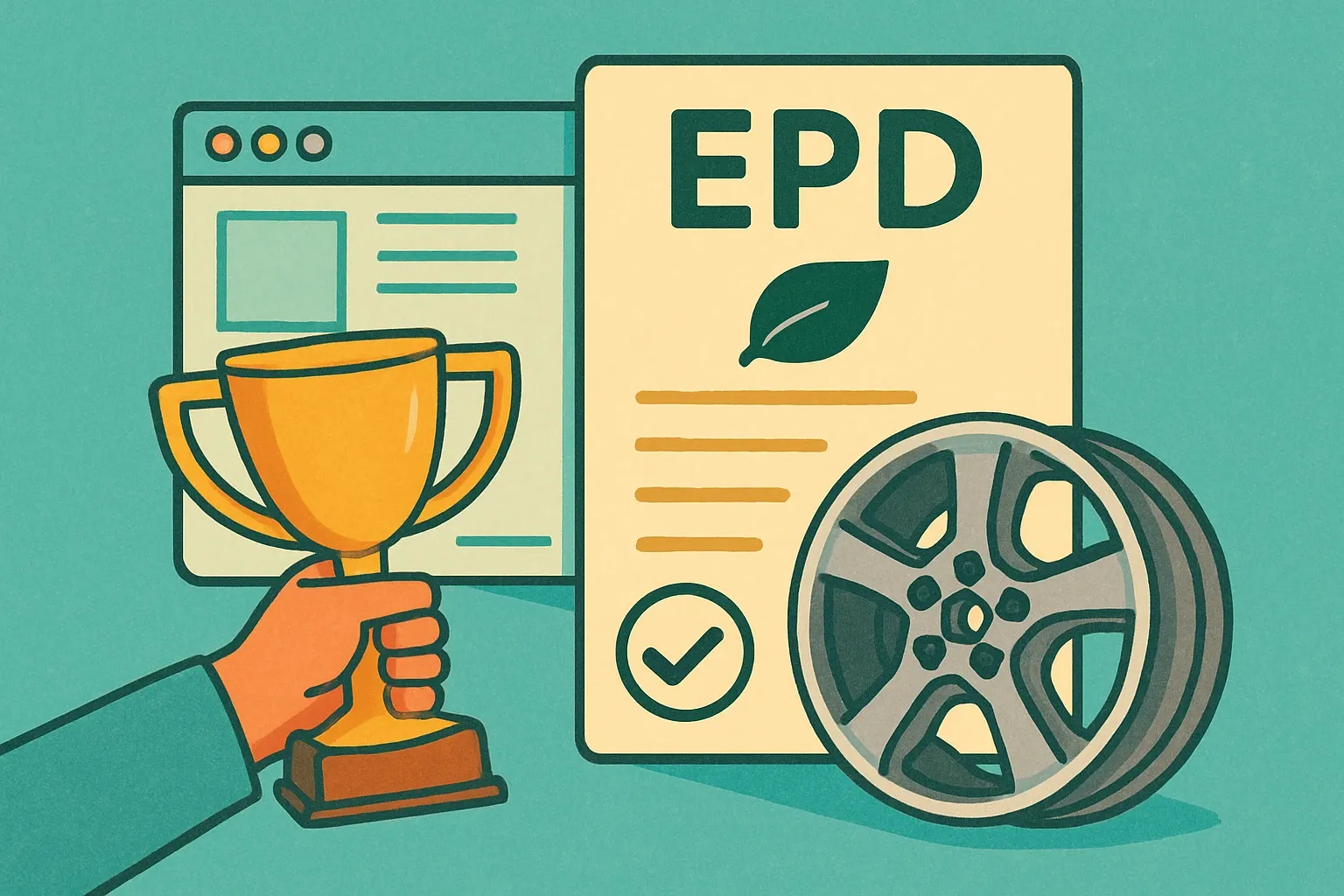 Generate an illustration for an article following this concept:

Congratulations to Jajce on its first EPD
A new name just stepped onto the transparency stage. Jajce has published its debut Environmental Product Declaration, giving buyers a verified view into the carbon profile of its aluminum alloy wheels. That single PDF opens doors in specs and supplier lists where third‑party data is now the ticket to play.

Ensure that you use no text, as this illustration will be used on international translations of the article..

Use an illustrative style (e.g. isometic) and don't generate in a photorealistic style.