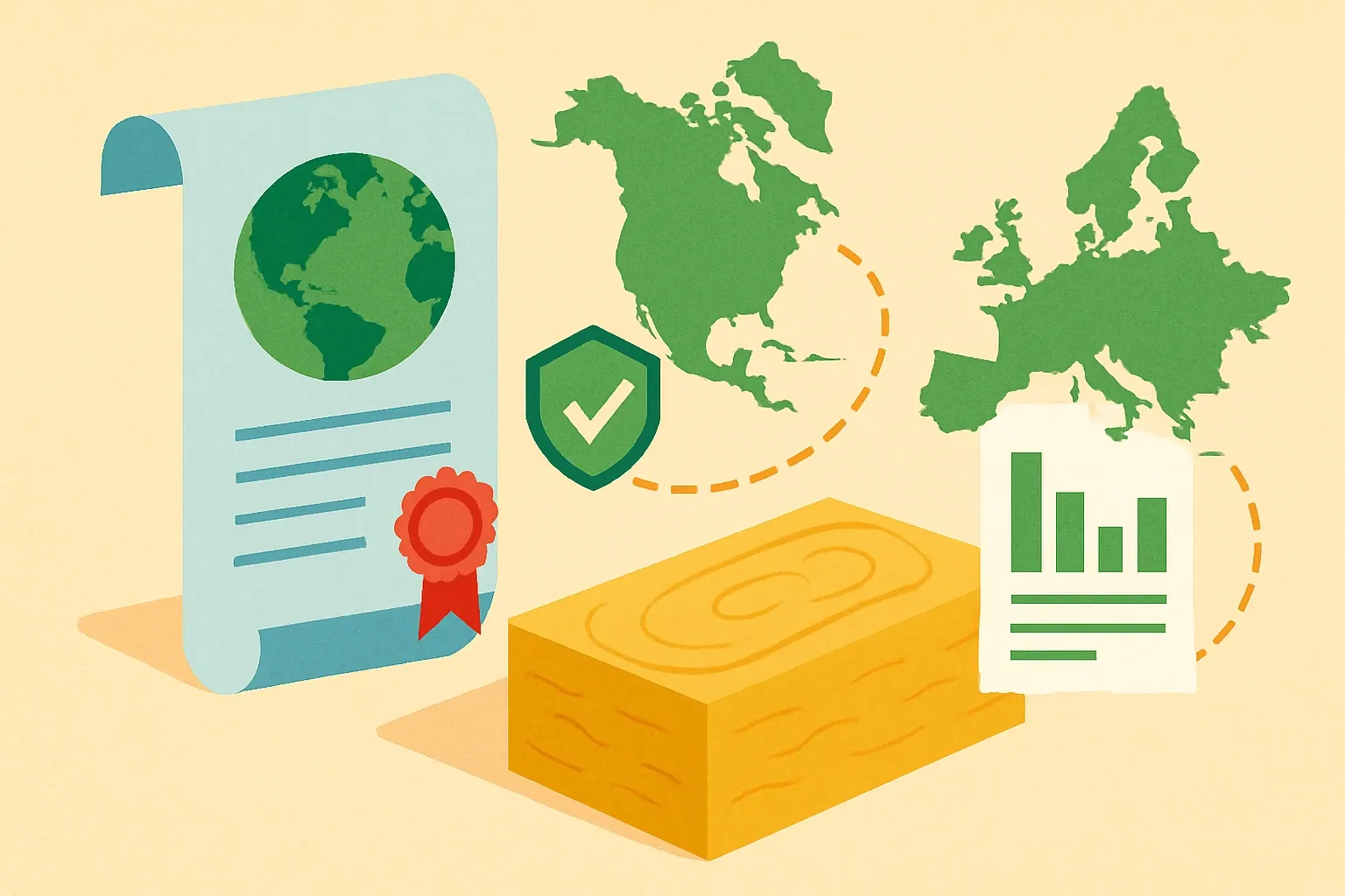 Generate an illustration for an article following this concept:

Industry EPD for glass wool insulation?
Short answer yes for North America. An industry‑wide, sector‑average Environmental Product Declaration exists for fiberglass glass wool insulation. Europe is different, with most activity in manufacturer‑specific EPDs. Here’s what exists, what it covers, and why a product‑specific EPD often wins more specs than the average.

Ensure that you use no text, as this illustration will be used on international translations of the article..

Use an illustrative style (e.g. isometic) and don't generate in a photorealistic style.