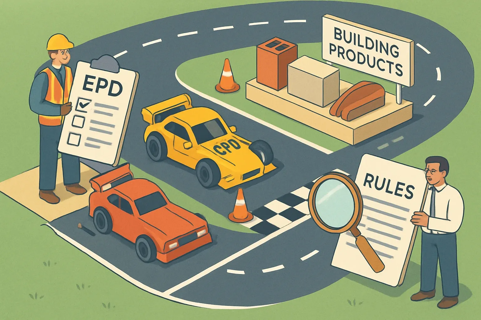Generate an illustration for an article following this concept:

EPD requirements for building products
Specs are increasingly written so a product without a verified EPD starts the race a lap behind. The rules are not mysterious, but they are precise. Here is what actually counts, what pitfalls slow teams down, and how to meet requirements without turning your plant into a paperwork factory.

Ensure that you use no text, as this illustration will be used on international translations of the article..

Use an illustrative style (e.g. isometic) and don't generate in a photorealistic style.
