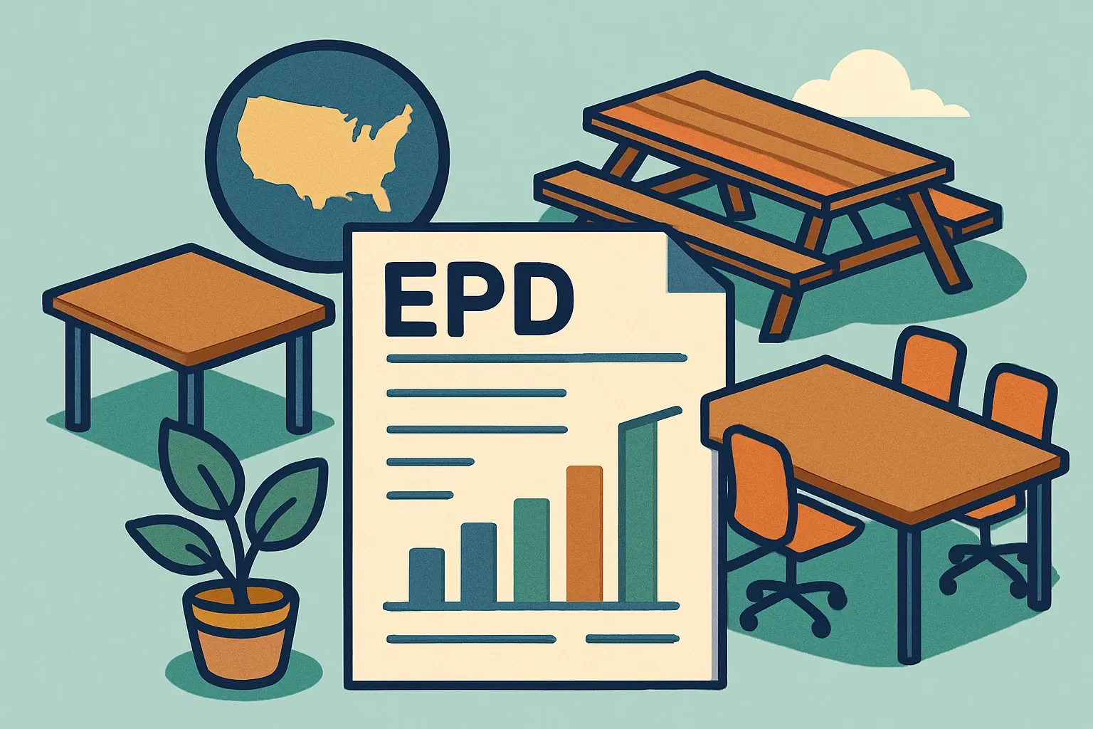 Generate an illustration for an article following this concept:

EPDs for Tables in the United States: The Guide
Planning a product‑specific EPD for tables, desks, conference tables or benching in 2026. Here is the data snapshot manufacturers ask for when sizing effort, timing, and competitive risk in the United States. If you make office tables or outdoor tables for site furnishings, this is your field guide.

Ensure that you use no text, as this illustration will be used on international translations of the article..

Use an illustrative style (e.g. isometic) and don't generate in a photorealistic style.