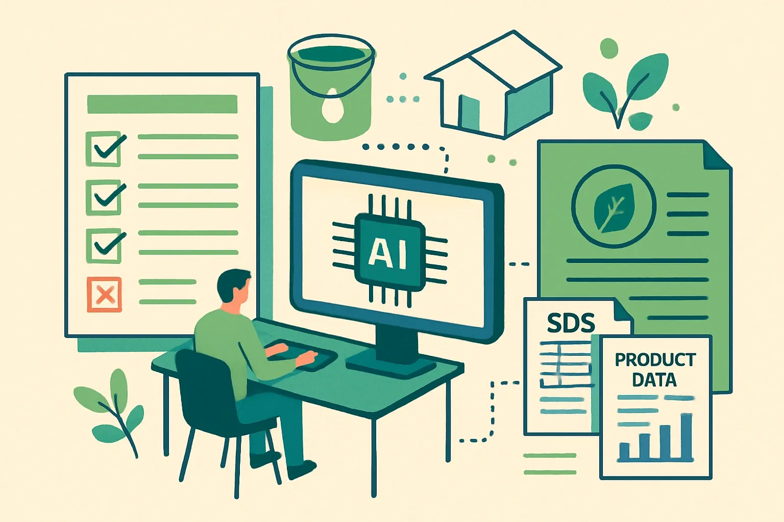 Generate an illustration for an article following this concept:

AI RFQ response for coatings and construction specs
Specs are getting longer, greener, and tougher to answer. RFQs name products, spell out performance, and expect proof. AI can stop the copy‑paste scramble by reading the whole package, mapping requirements to an approved product library, and pulling verified EPDs, product data sheets, and SDS files into a submittal that’s tidy and defensible.

Ensure that you use no text, as this illustration will be used on international translations of the article..

Use an illustrative style (e.g. isometic) and don't generate in a photorealistic style.