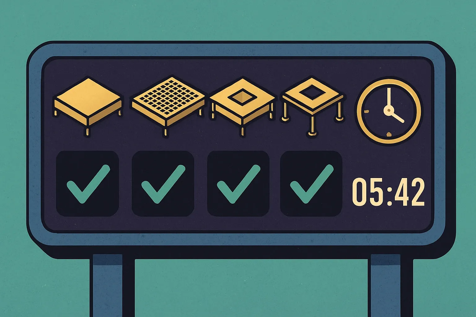 A simplified sports‑style scoreboard where different access floor panel icons line up left to right with green check marks indicating EPD coverage across grades and a countdown clock symbolizing expiry timelines.