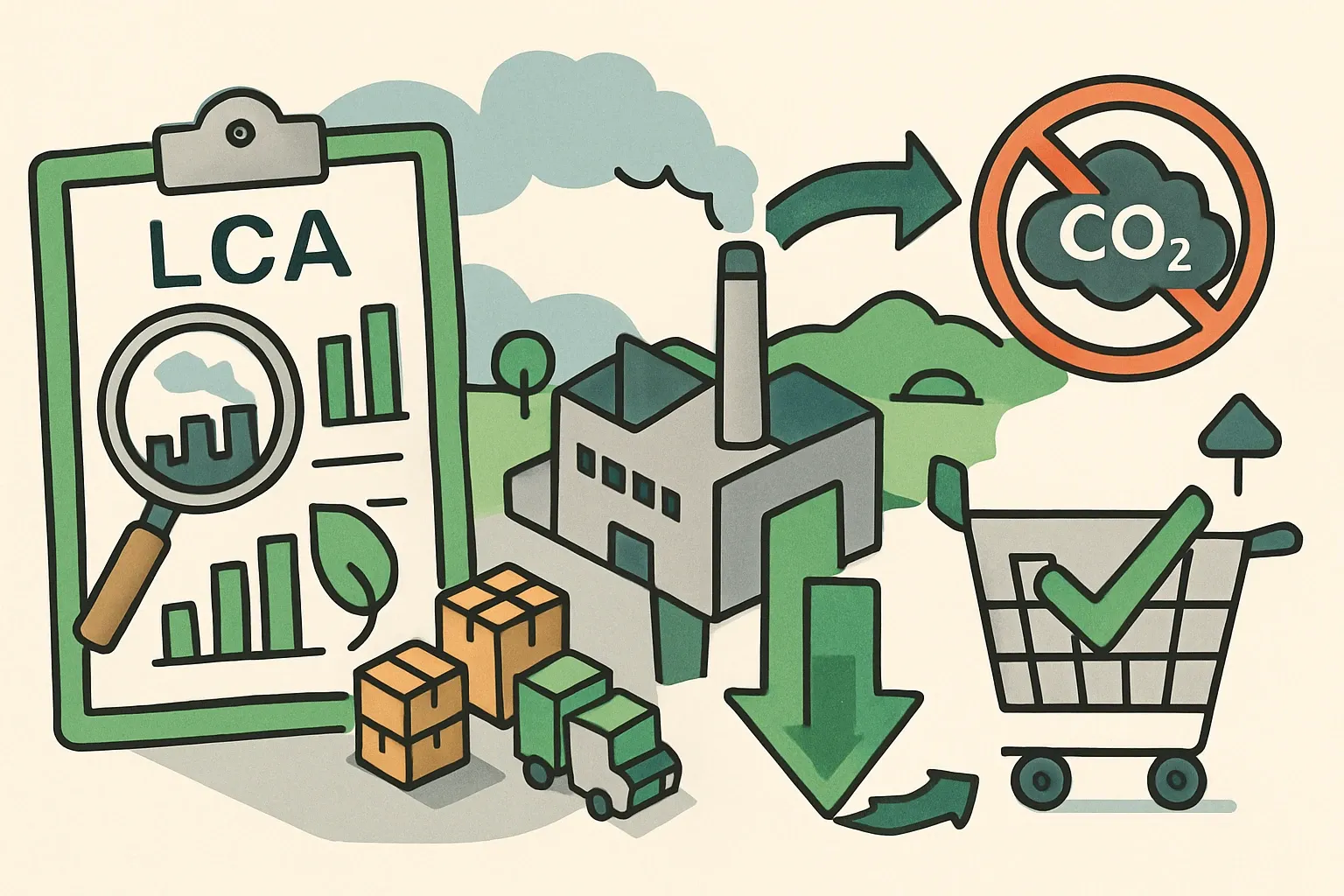 Generate an illustration for an article following this concept:

LCA First, Not Offsets, To Reach Net Zero
Carbon neutrality is not a shopping cart problem. Manufacturers win specs and credibility by shrinking real emissions inside the plant and supply chain, then mopping up the tiny remainder. Here’s how to use LCA like a factory X‑ray to cut carbon fast, when offsets might help, and why buyers increasingly reward proof over promises.

Ensure that you use no text, as this illustration will be used on international translations of the article..

Use an illustrative style (e.g. isometic) and don't generate in a photorealistic style.