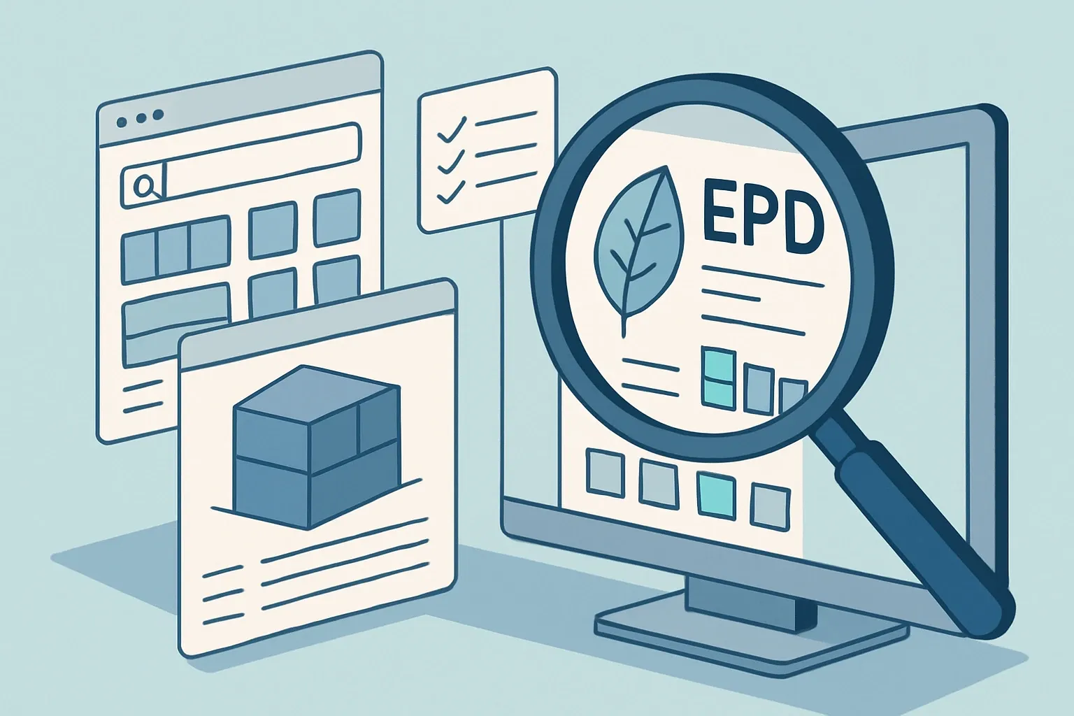 Generate an illustration for an article following this concept:

Make EPDs Findable Where Specifiers Actually Search
Publishing to a program operator is table stakes. Specifiers live in product libraries, spec-writing tools, and BIM catalogs, and that is where your EPDs must show up in clean, machine-readable form. The work is not just making a PDF. It is aligning identifiers, syncing updates, and keeping sustainability claims consistent across every surface where design decisions happen.

Ensure that you use no text, as this illustration will be used on international translations of the article..

Use an illustrative style (e.g. isometic) and don't generate in a photorealistic style.