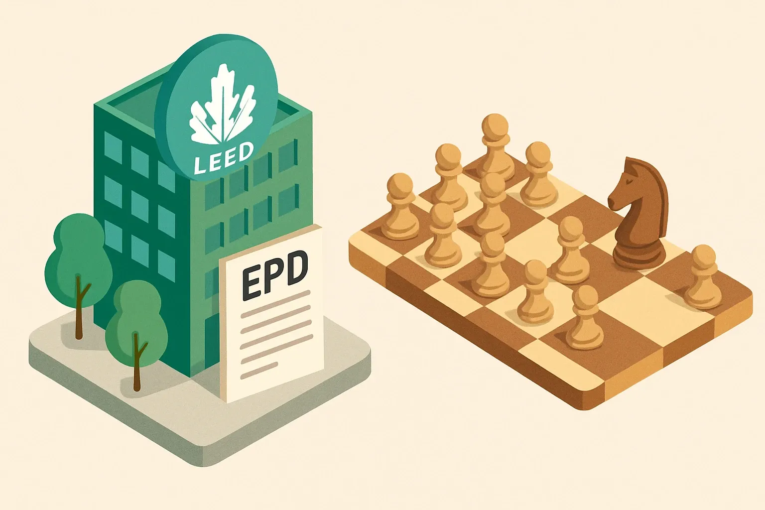 Generate an illustration for an article following this concept:

Do LEED Projects Require an EPD?
Short answer: no, LEED does not mandate Environmental Product Declarations for every project. Smart answer: teams earn points when they specify products with compliant EPDs, and specs often favor brands that have them. If your category is competitive, showing up without an EPD is like playing chess without your queen.

Ensure that you use no text, as this illustration will be used on international translations of the article..

Use an illustrative style (e.g. isometic) and don't generate in a photorealistic style.