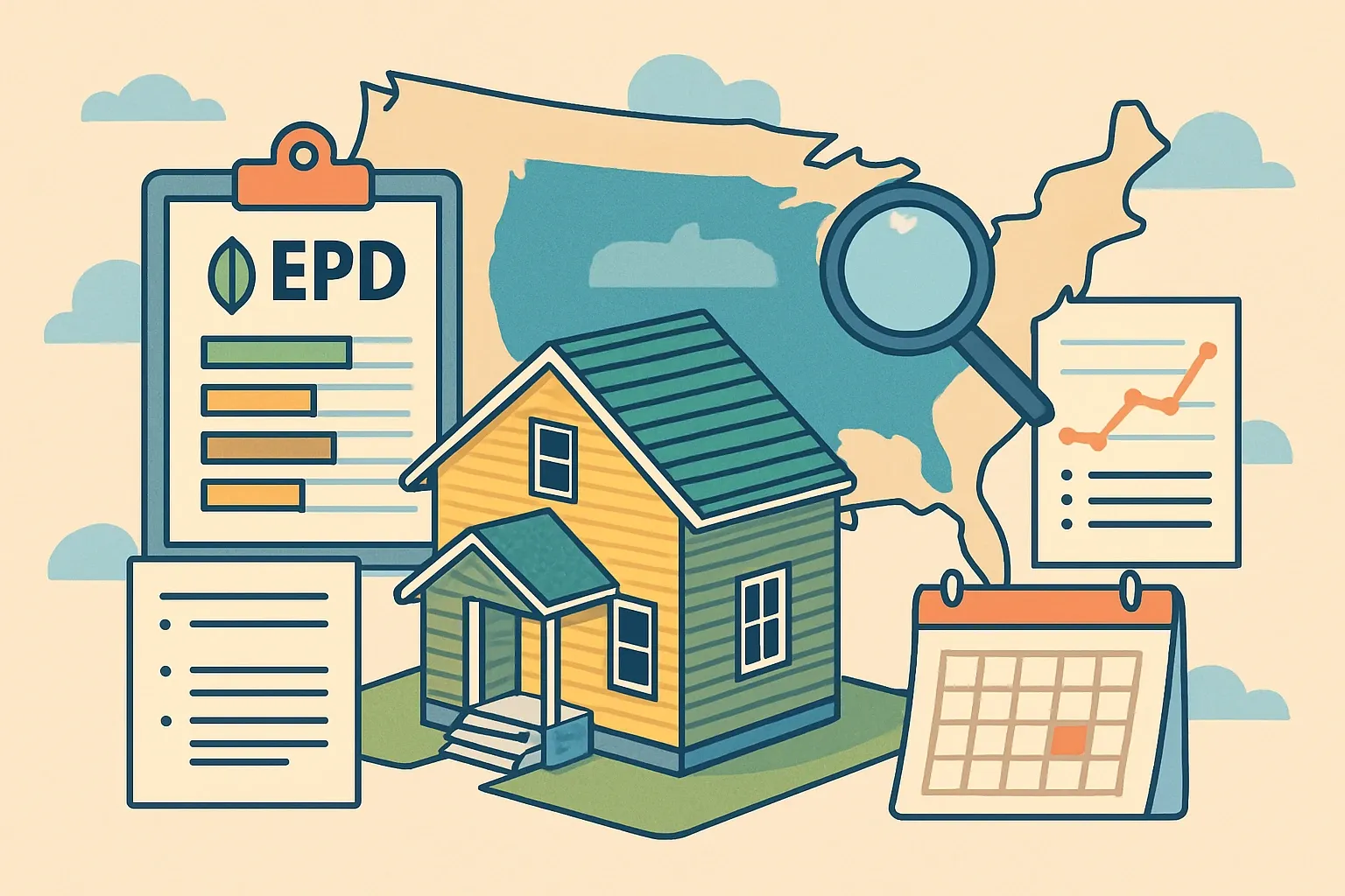 Generate an illustration for an article following this concept:

EPDs for Vinyl Siding in the United States
If you make vinyl siding, PVC siding, or uPVC cladding, this is your 2026 snapshot of the EPD landscape in the United States. We cut through noise and show who published, which program operators were used, which PCRs showed up, and when current declarations will expire so you can plan your next move with confidence.

Ensure that you use no text, as this illustration will be used on international translations of the article..

Use an illustrative style (e.g. isometic) and don't generate in a photorealistic style.