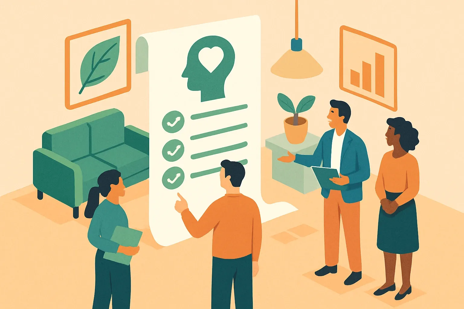 Generate an illustration for an article following this concept:

Human impact in LEED v5 for interiors
LEED v5 reshapes interior product conversations around people, not just carbon. For manufacturers and specifiers, the shift means multi-attribute proof, clearer health narratives, and submittals that map to a new procurement framework. Teams that align documentation, messaging, and sales enablement to this human impact lens will win time with design leads, reduce substitution risk, and move from checkbox talk to outcome talk.

Ensure that you use no text, as this illustration will be used on international translations of the article..

Use an illustrative style (e.g. isometic) and don't generate in a photorealistic style.