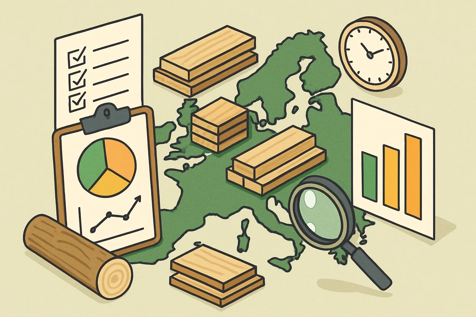 Generate an illustration for an article following this concept:

Wood and Timber EPDs in Europe: The Data Guide
If you make lumber, engineered wood, wood-based panels, or timber cladding and want to get specified more often, this is your 2026 snapshot. Below is a data-rich view of who is publishing EPDs in Europe for wood products, which program operators and PCRs they use, and what renewal pressure is coming next.

Ensure that you use no text, as this illustration will be used on international translations of the article..

Use an illustrative style (e.g. isometic) and don't generate in a photorealistic style.