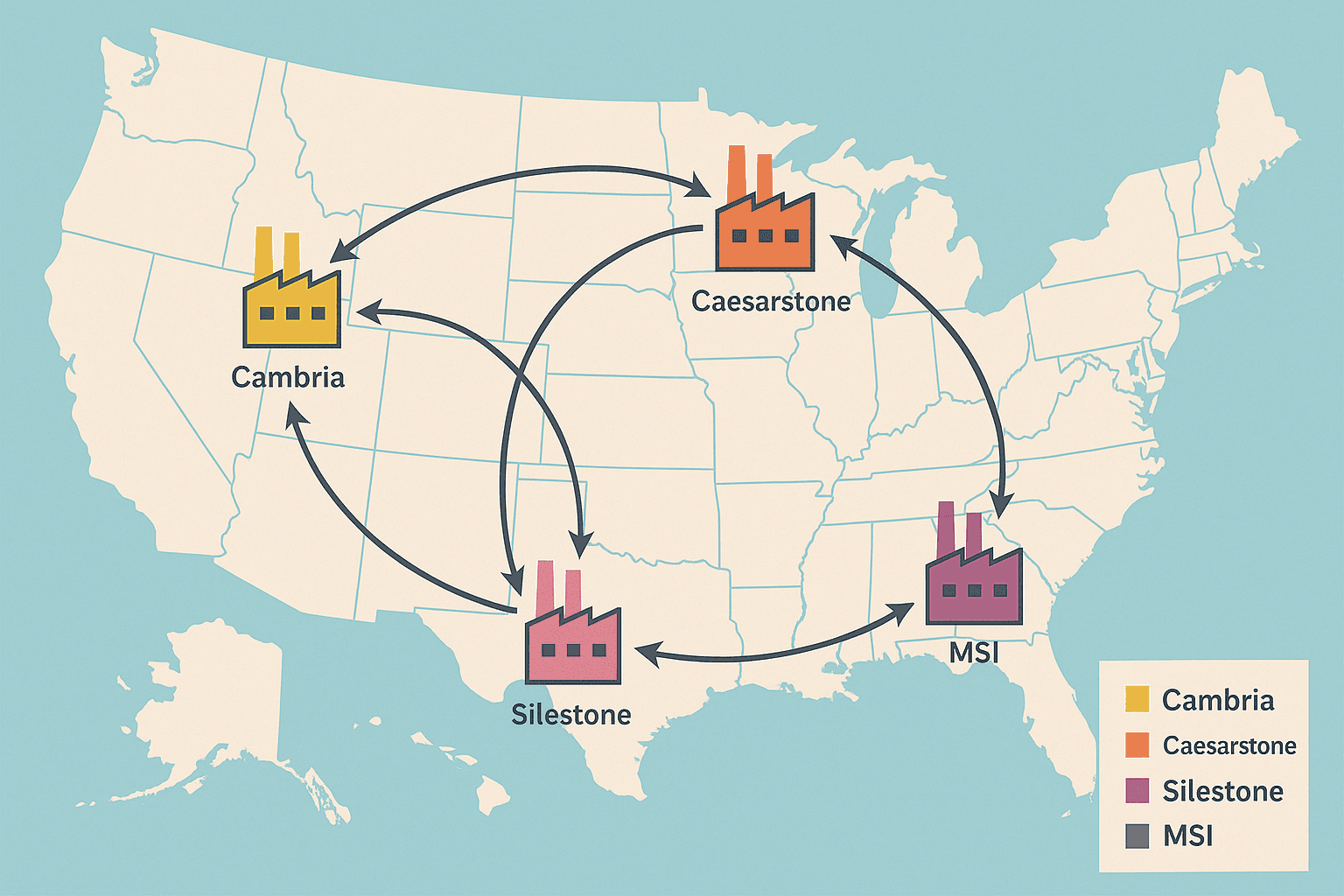 Map pins of each brand’s main quarries and factories, linked by shipping arrows to highlight travel distances.