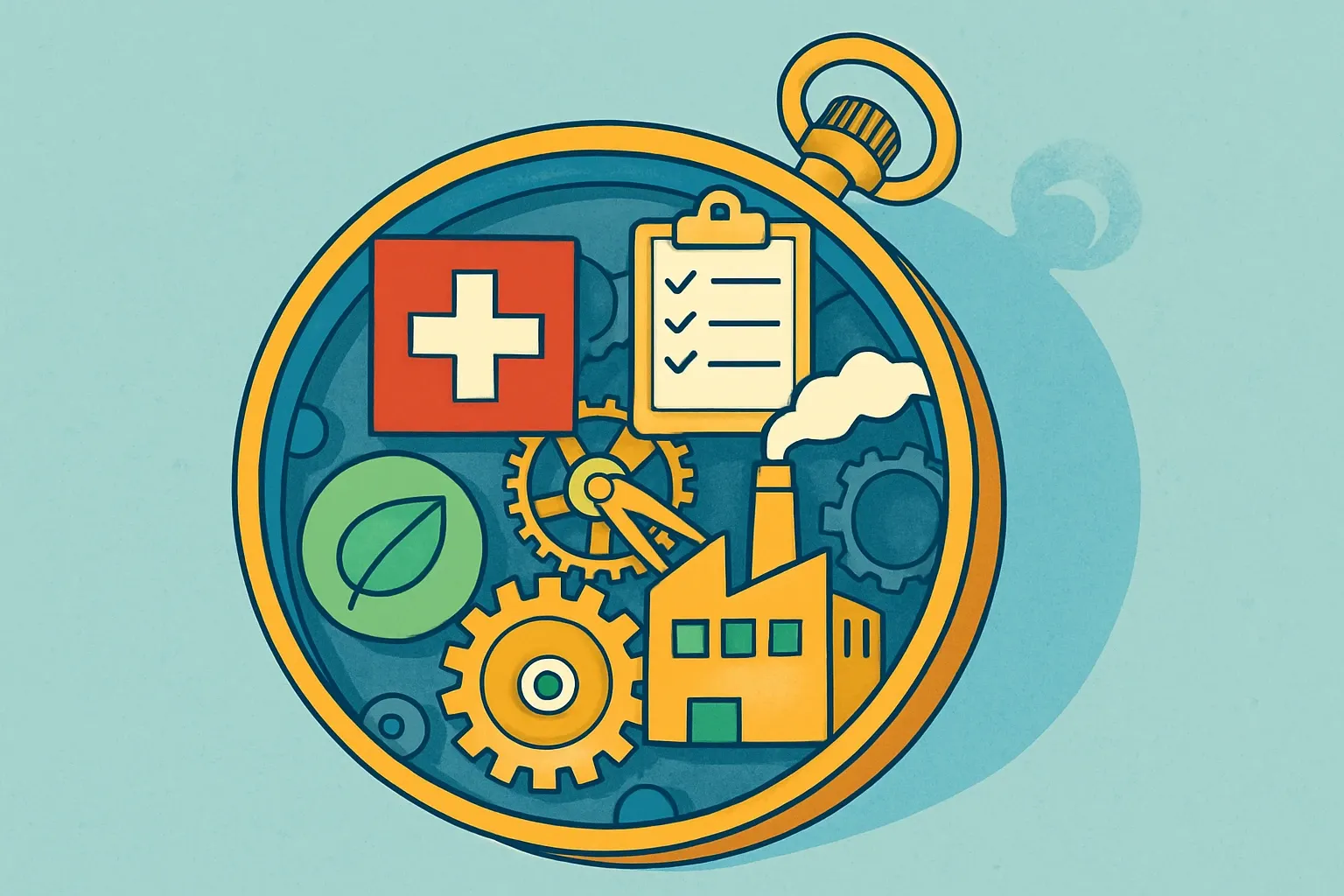 Generate an illustration for an article following this concept:

Switzerland’s Federal Embodied Carbon Playbook
Selling into Swiss public projects can feel like decoding a watch movement. The gears that matter for embodied carbon are federal procurement rules, data standards, and fast‑moving guidance that signal what gets specified. Here is the Swiss context, boiled down for manufacturers who want fewer surprises and more wins.

Ensure that you use no text, as this illustration will be used on international translations of the article..

Use an illustrative style (e.g. isometic) and don't generate in a photorealistic style.