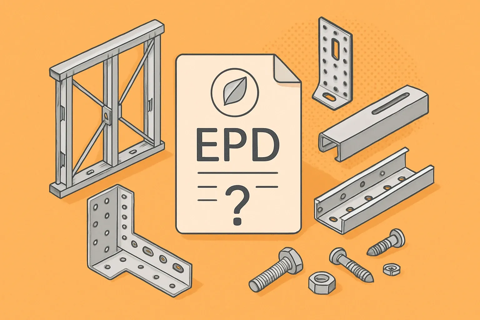 Generate an illustration for an article following this concept:

The Steel Network: products and EPD coverage
The Steel Network builds the hardware that makes light-gauge framing behave under real-world movement. Think vertical‑deflection clips, drift systems, shear walls, struts, plus a supporting cast of angles, bridging and fasteners. How well are these products covered by EPDs, and where are the spec‑winning gaps?

Ensure that you use no text, as this illustration will be used on international translations of the article..

Use an illustrative style (e.g. isometic) and don't generate in a photorealistic style.