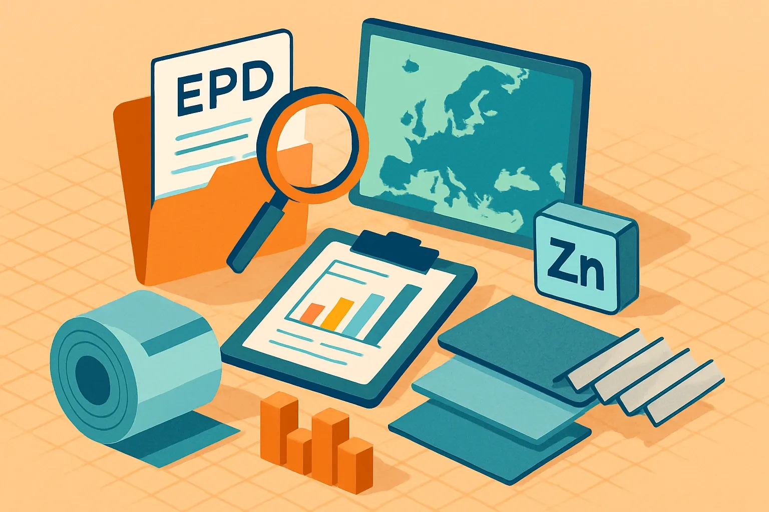 Generate an illustration for an article following this concept:

EPDs for Zinc in Europe: The ultimate data guide
Planning a zinc EPD in Europe and want the 2026 picture, not last decade’s rumor mill? Here is the full snapshot for rolled zinc, titanium zinc sheet and coil, preweathered zinc finishes, and upstream zinc used for galvanizing lines, built directly from current declarations.

Ensure that you use no text, as this illustration will be used on international translations of the article..

Use an illustrative style (e.g. isometic) and don't generate in a photorealistic style.