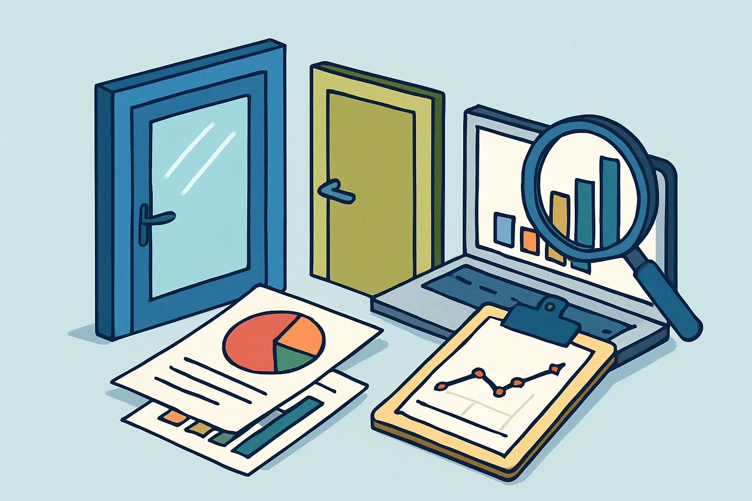 Generate an illustration for an article following this concept:

Glazed Door EPDs in Europe: The Ultimate Data Guide
Planning an EPD for glazed doors, glass doors, or pedestrian doorsets in Europe? Here is the fast, numbers‑first readout manufacturers keep asking for in 2026 so you can benchmark competitors, pick the right PCR, and time renewals without drama.

Ensure that you use no text, as this illustration will be used on international translations of the article..

Use an illustrative style (e.g. isometic) and don't generate in a photorealistic style.